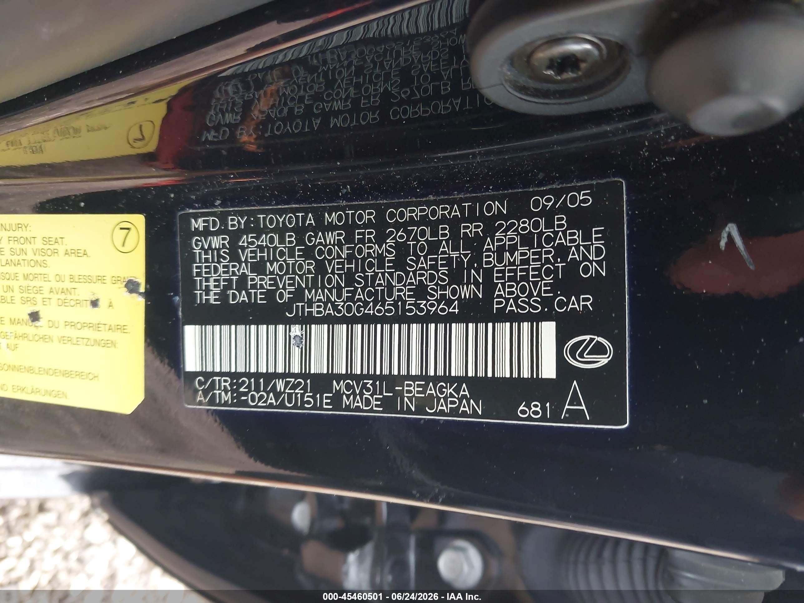 2006 Lexus Es 330   Black vin: JTHBA30G465153964