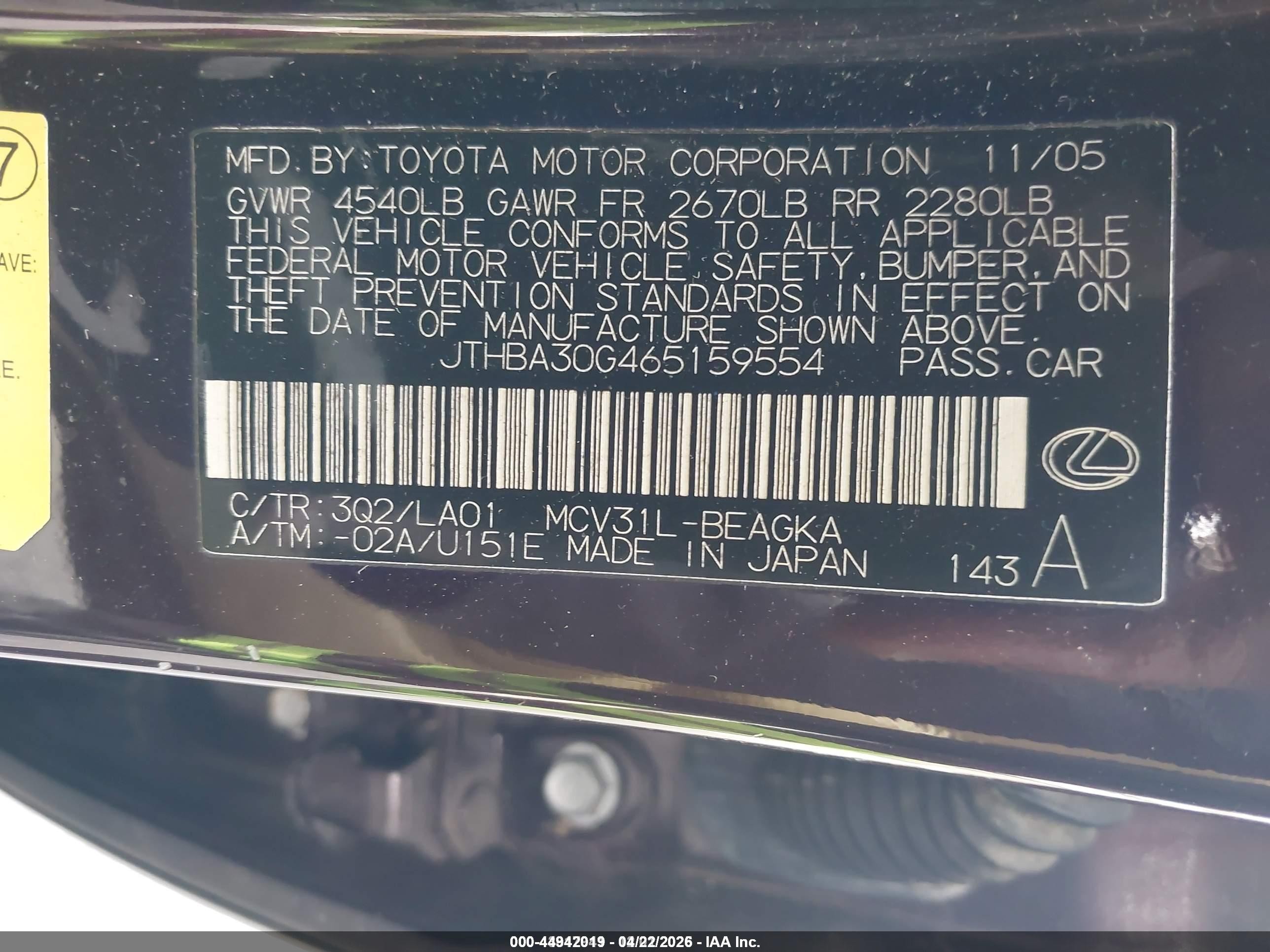 2006 Lexus Es 330   Бордовый vin: JTHBA30G465159554