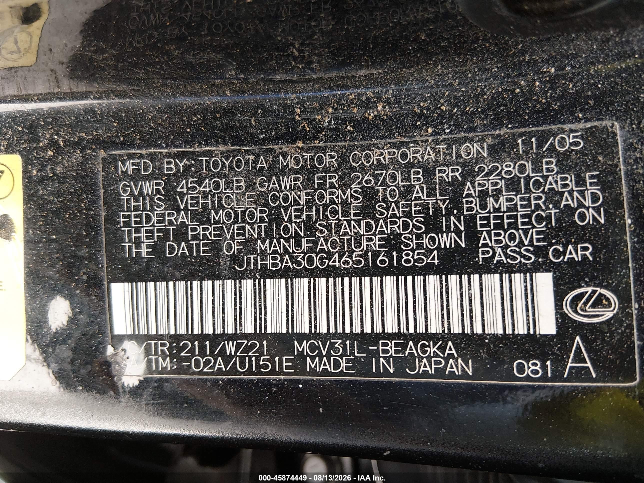 2006 Lexus Es 330   Black vin: JTHBA30G465161854
