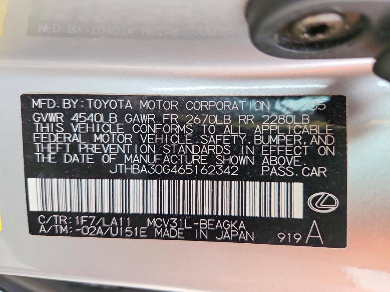 2006 Lexus Es 330 Silver vin: JTHBA30G465162342