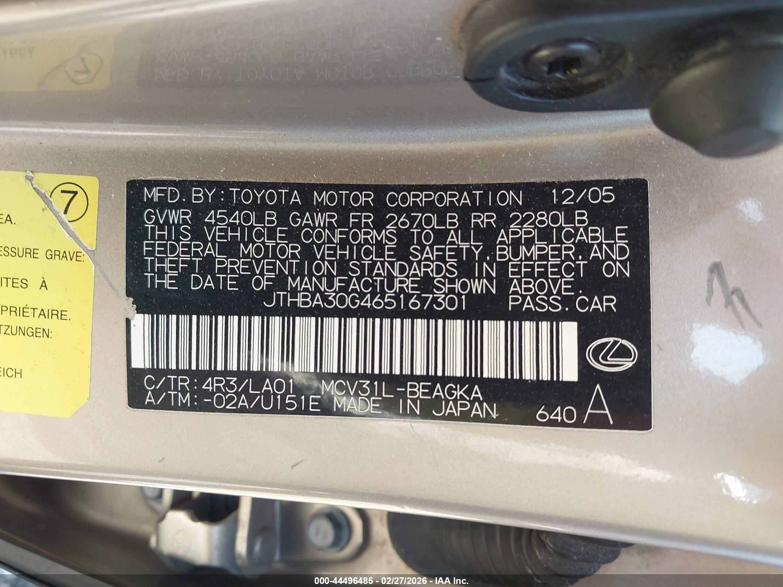 2006 Lexus Es 330   Gold vin: JTHBA30G465167301