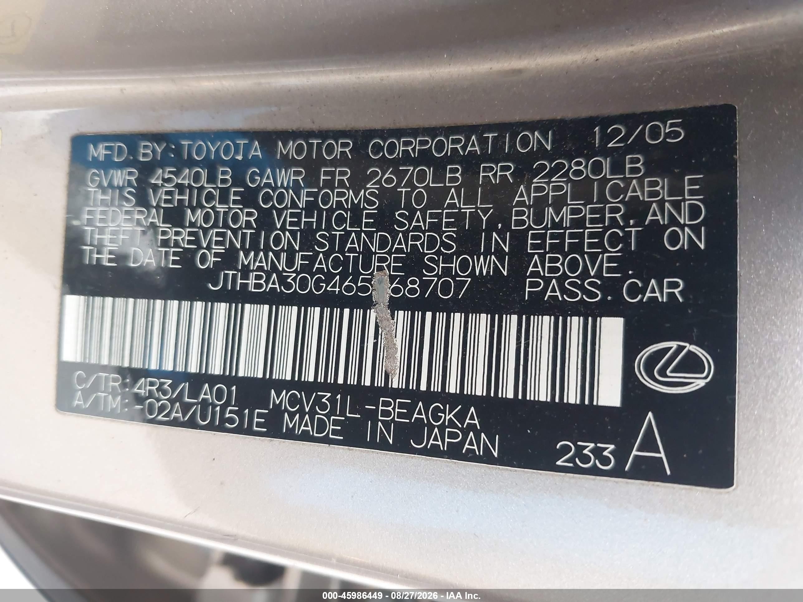 2006 Lexus Es 330 Золотой vin: JTHBA30G465168707