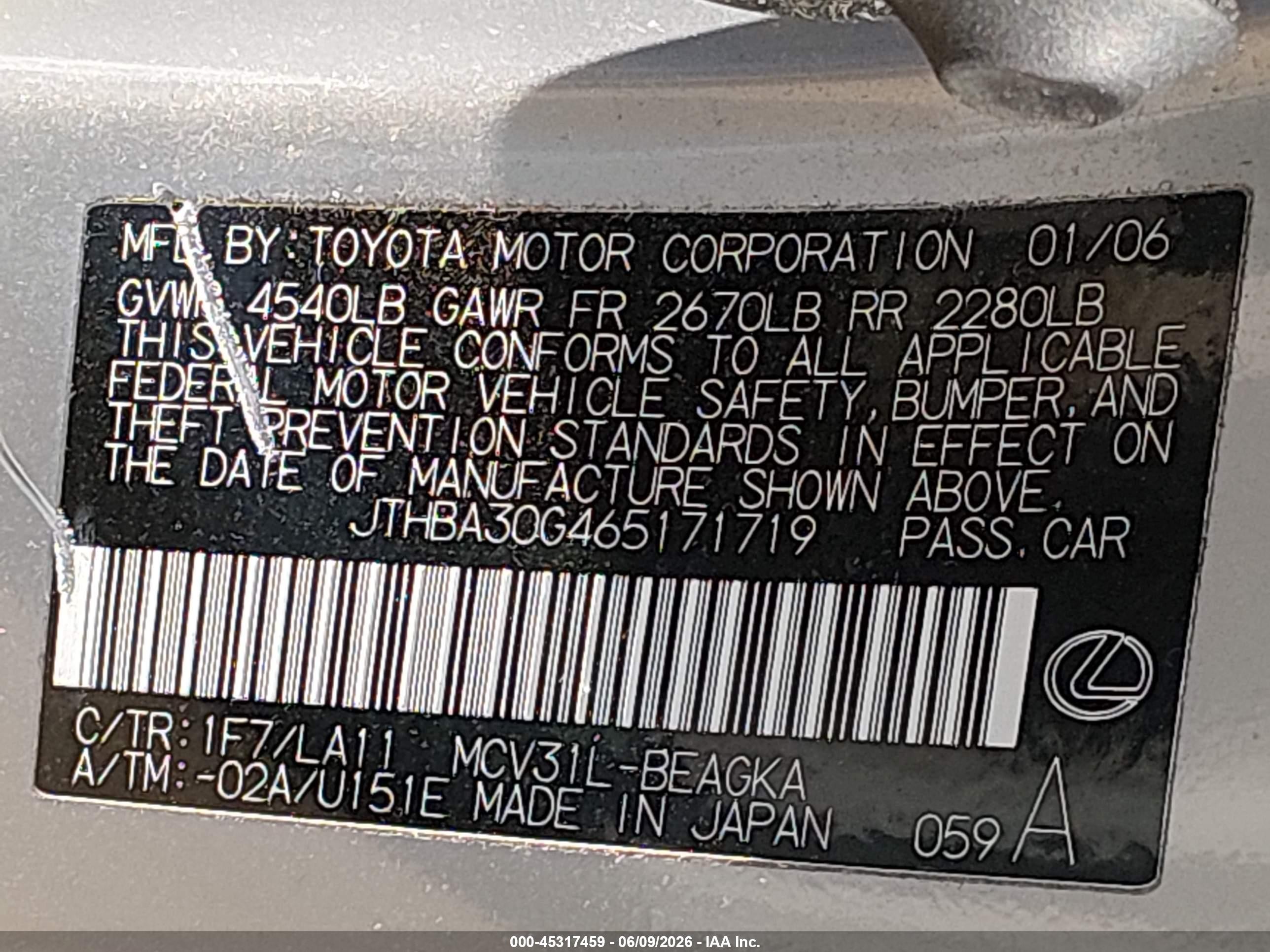 2006 Lexus Es 330   Silver vin: JTHBA30G465171719