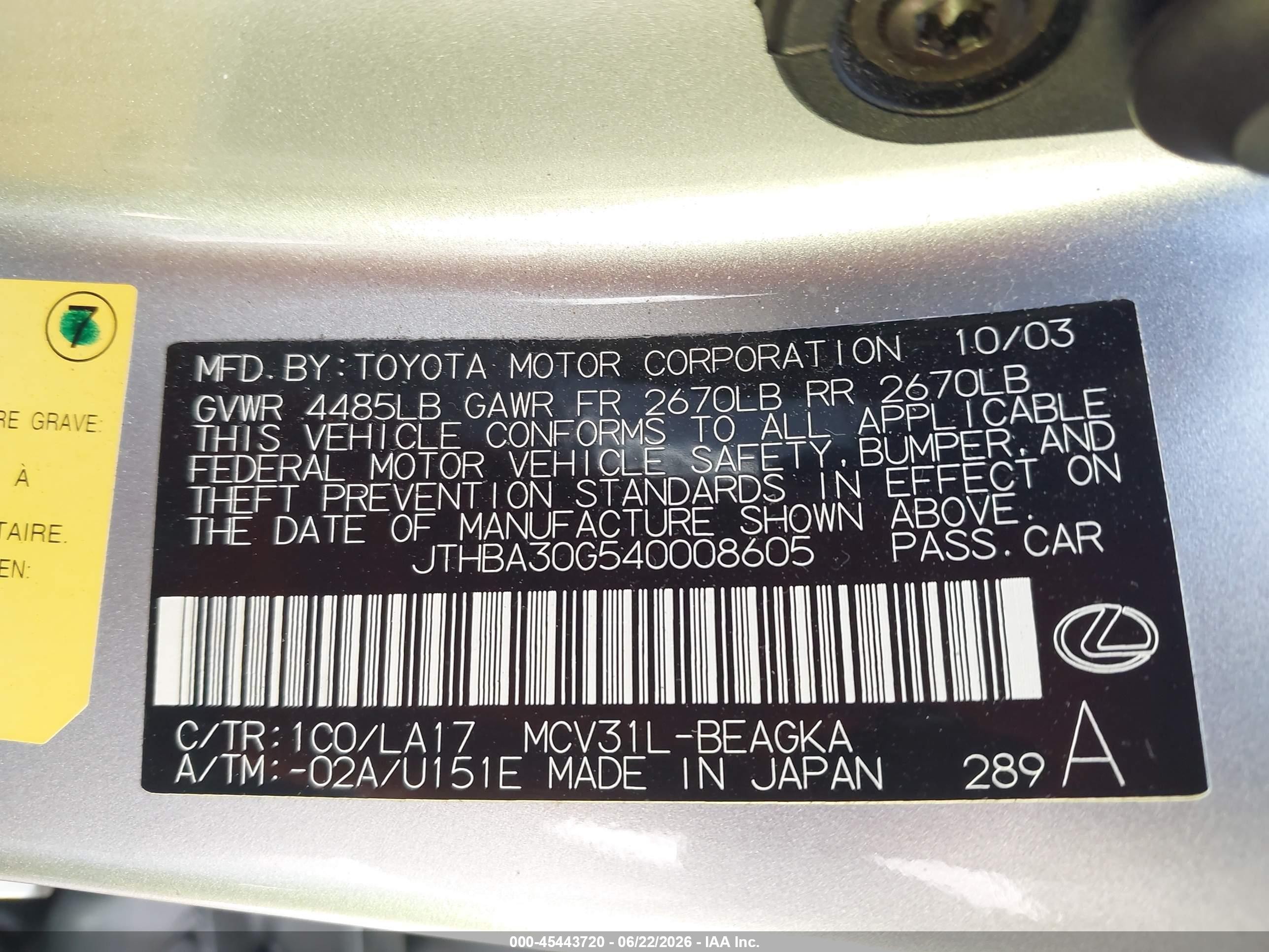 2004 Lexus Es 330   Silver vin: JTHBA30G540008605