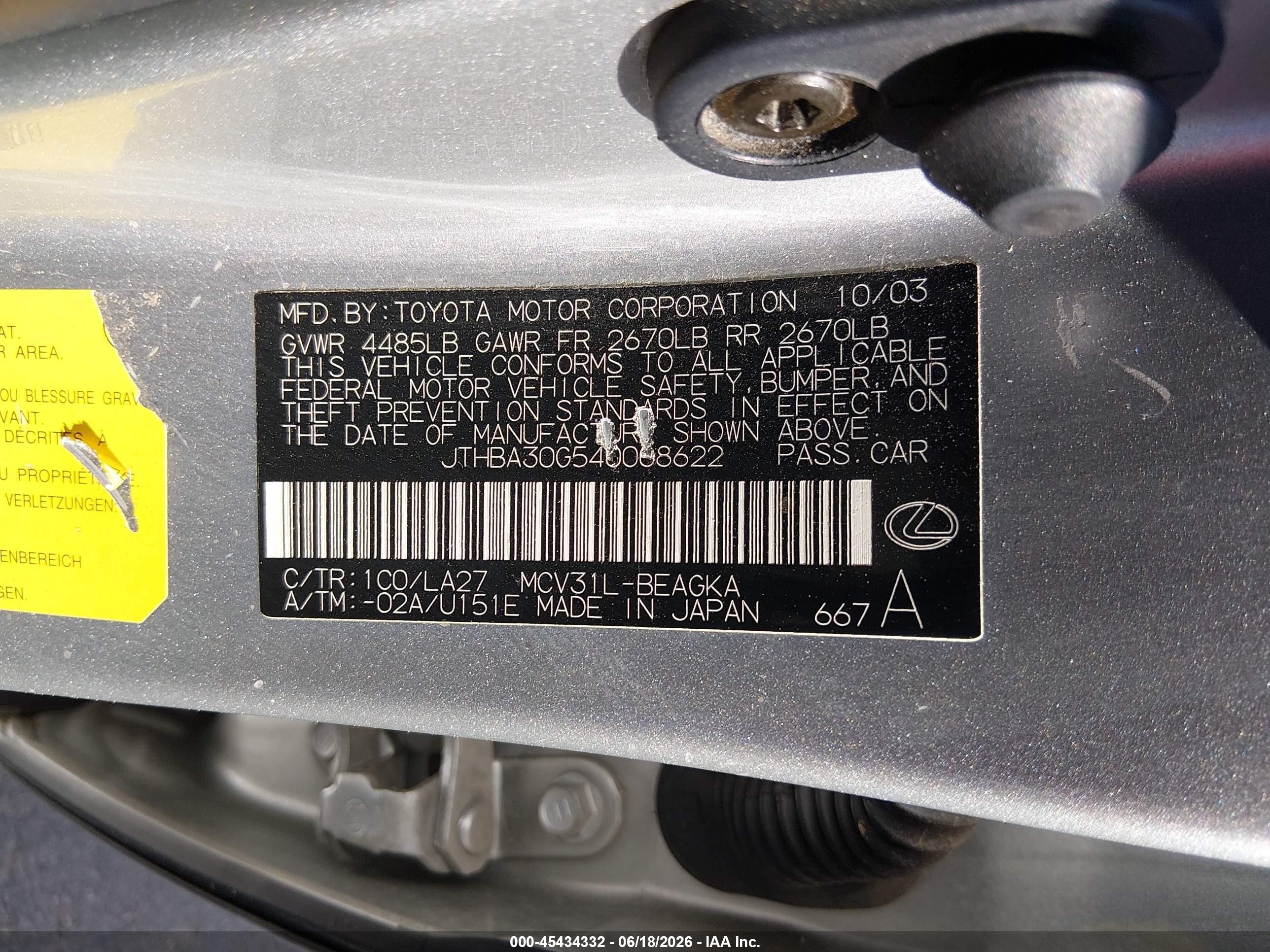 2004 Lexus Es 330   Silver vin: JTHBA30G540008622