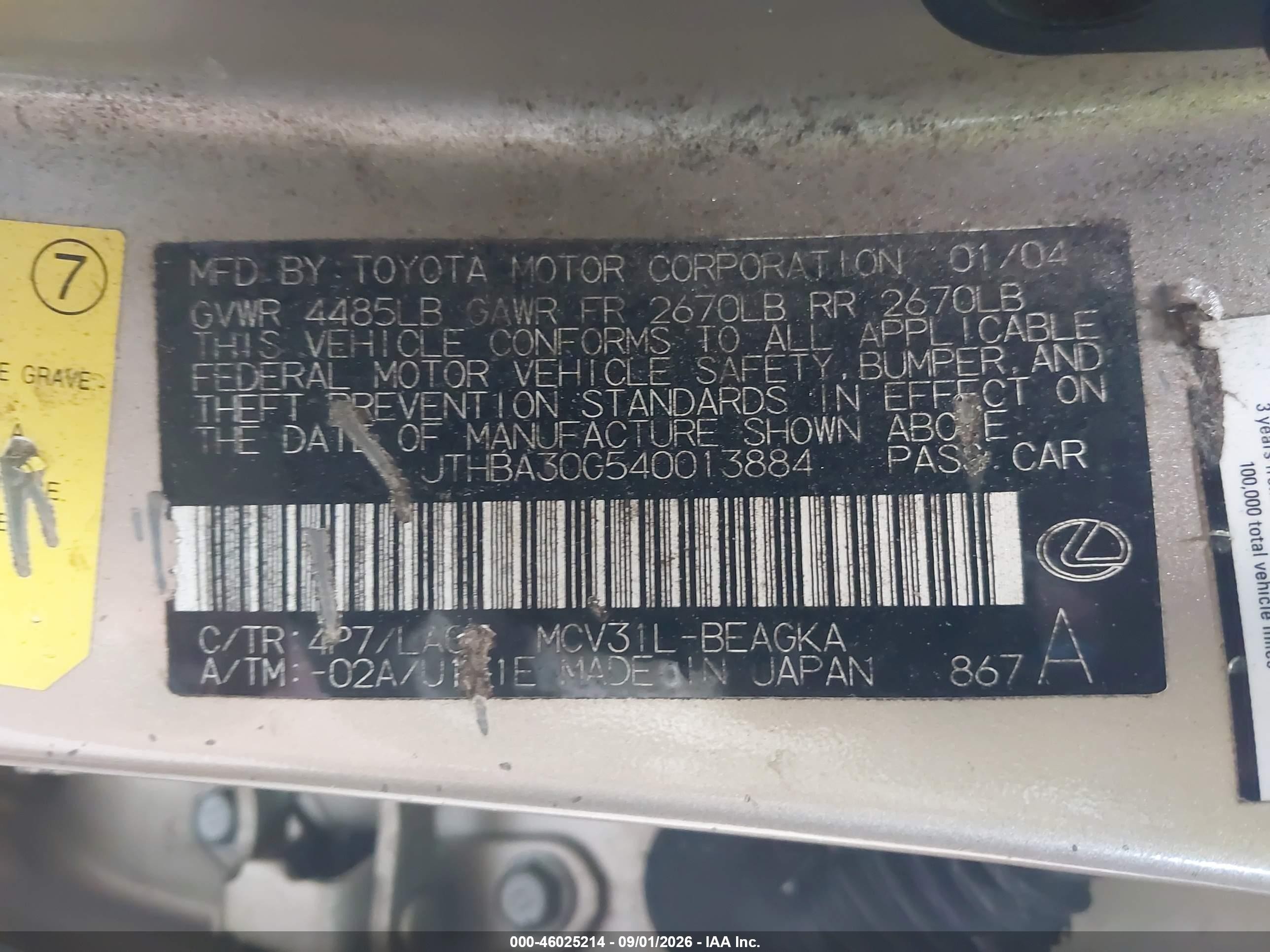 2004 Lexus Es 330 Gold vin: JTHBA30G540013884