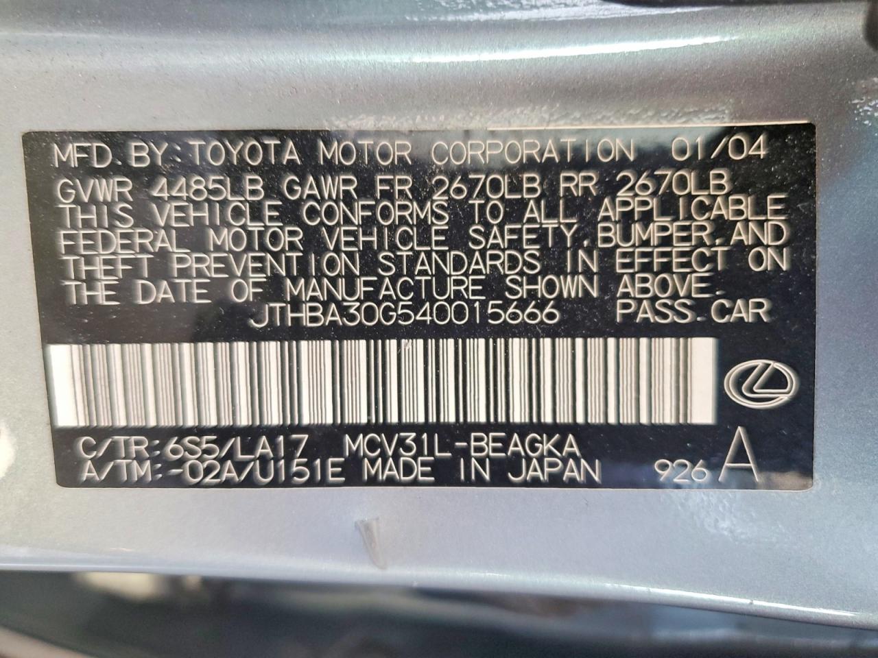 2004 Lexus Es 330 Серебряный vin: JTHBA30G540015666