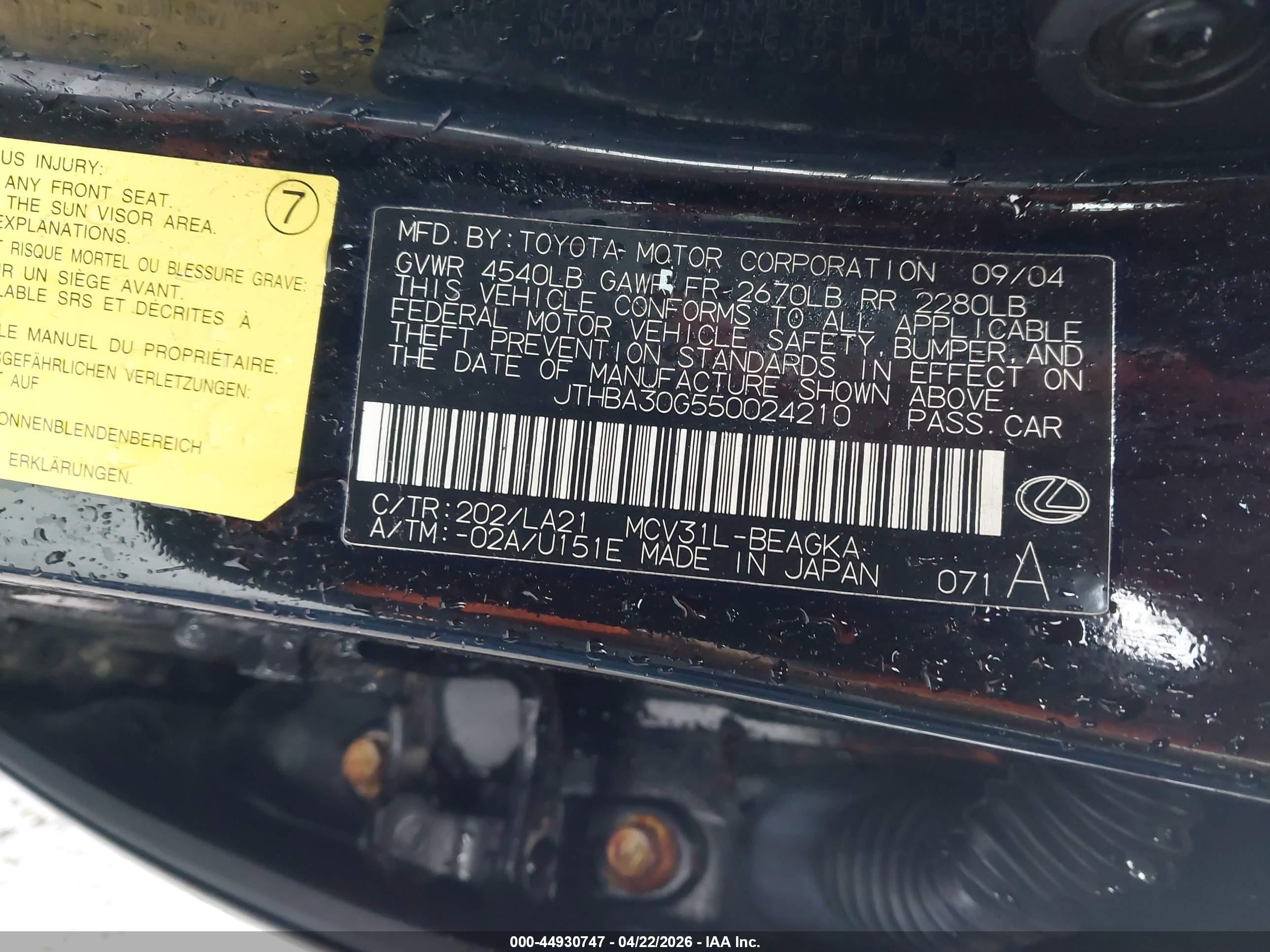 2005 Lexus Es 330   Black vin: JTHBA30G550024210
