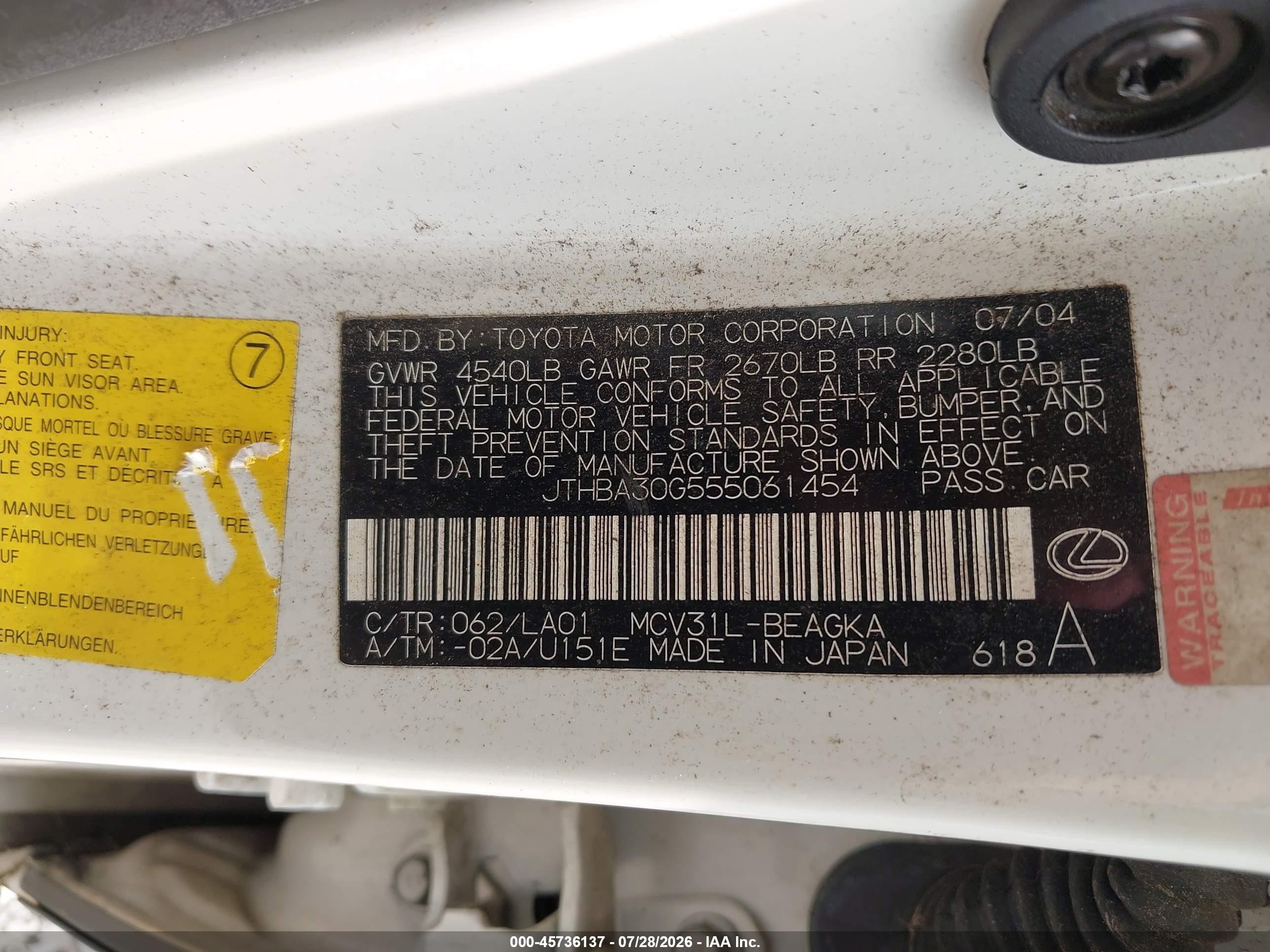 2005 Lexus Es 330   White vin: JTHBA30G555061454