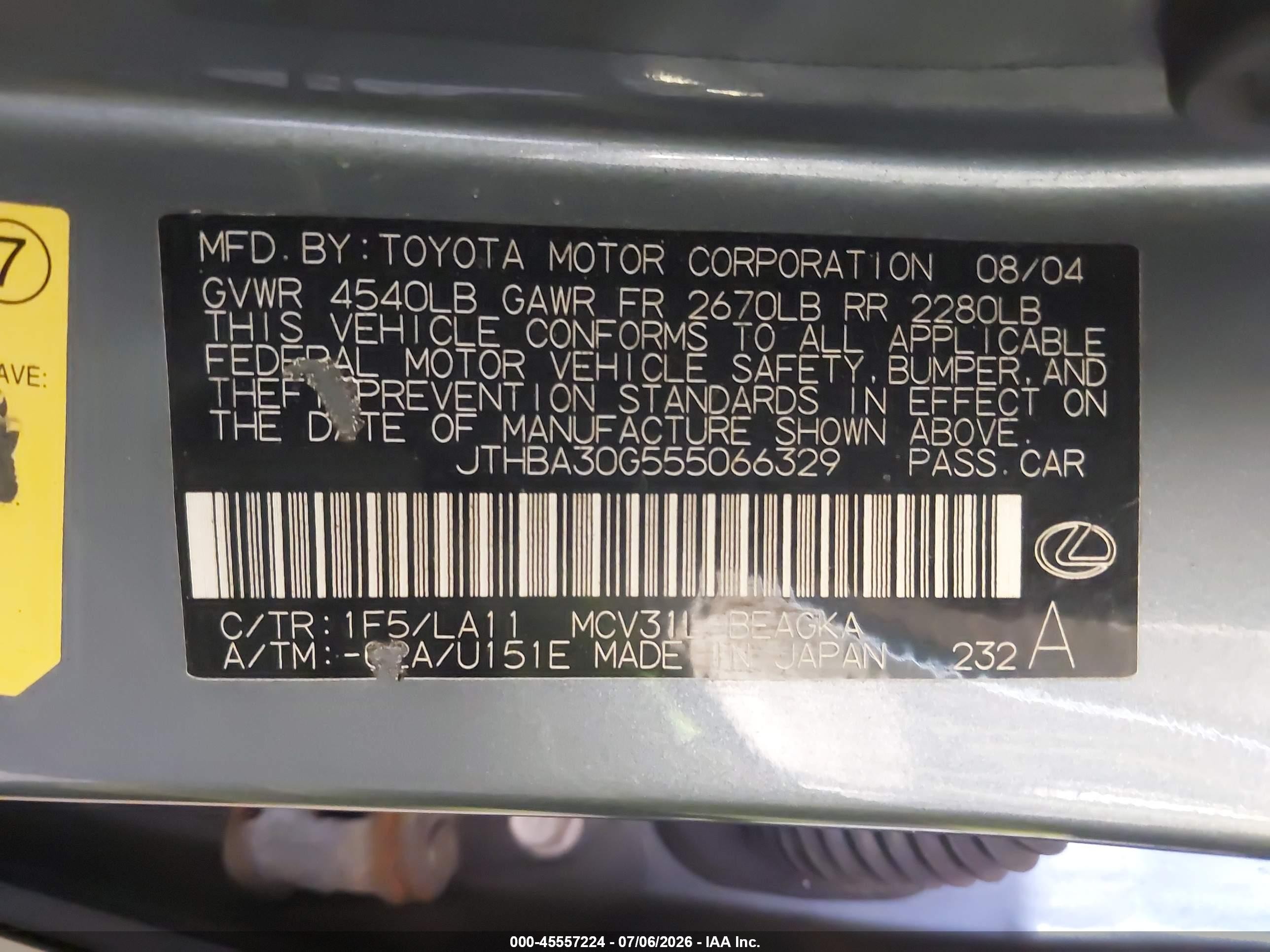 2005 Lexus Es 330   Gray vin: JTHBA30G555066329