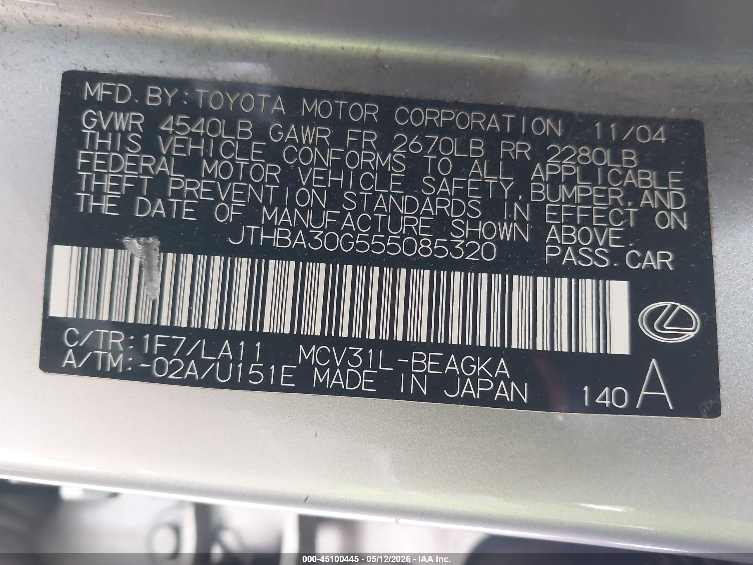 2005 Lexus Es 330   Silver vin: JTHBA30G555085320