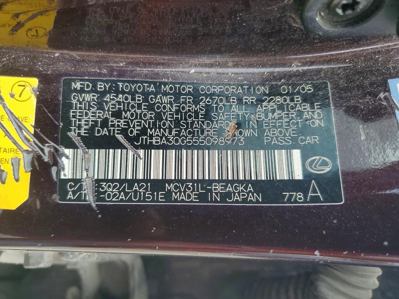 2005 Lexus Es 330 Burgundy vin: JTHBA30G555098973