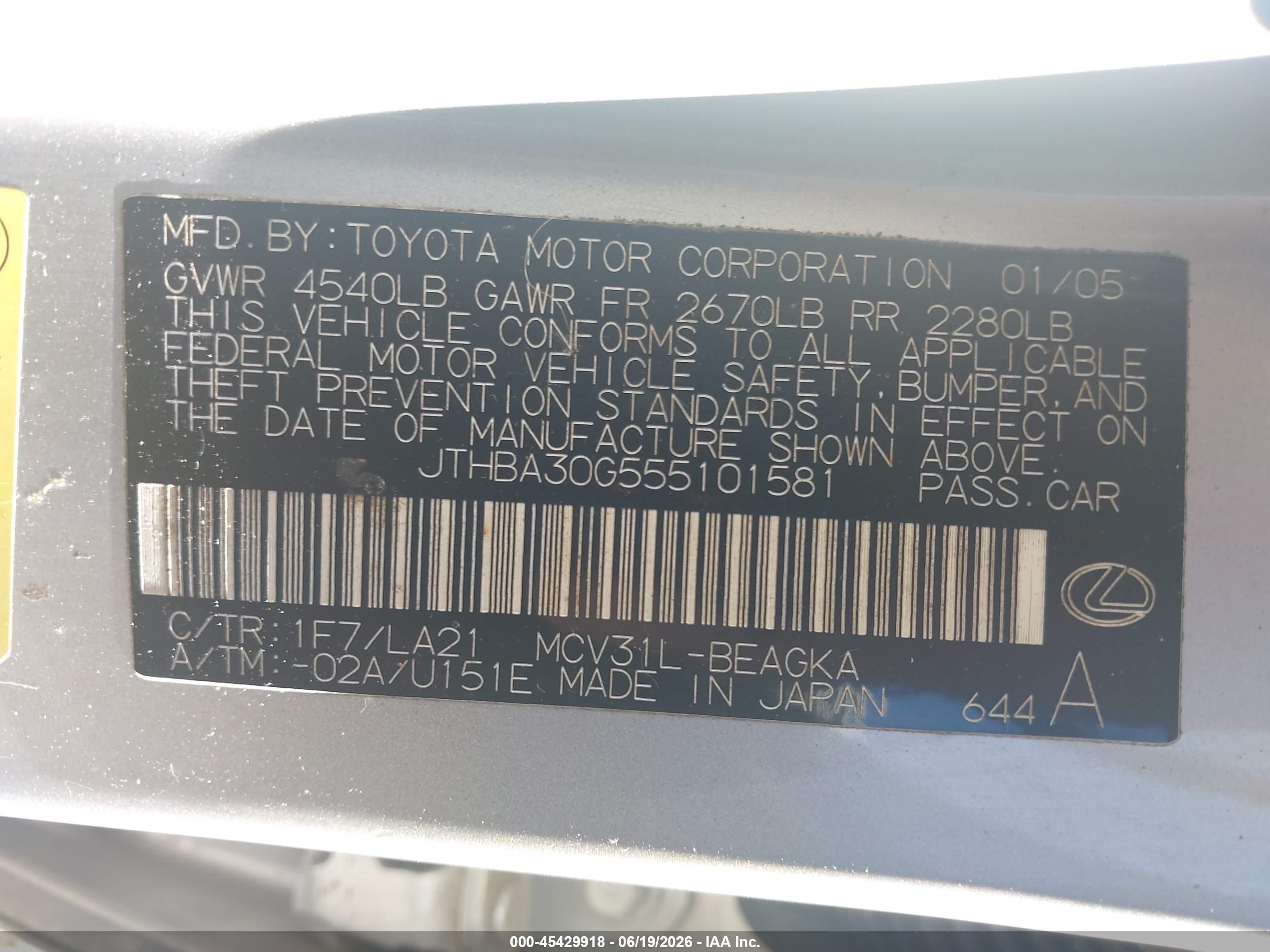 2005 Lexus Es 330   Серебряный vin: JTHBA30G555101581