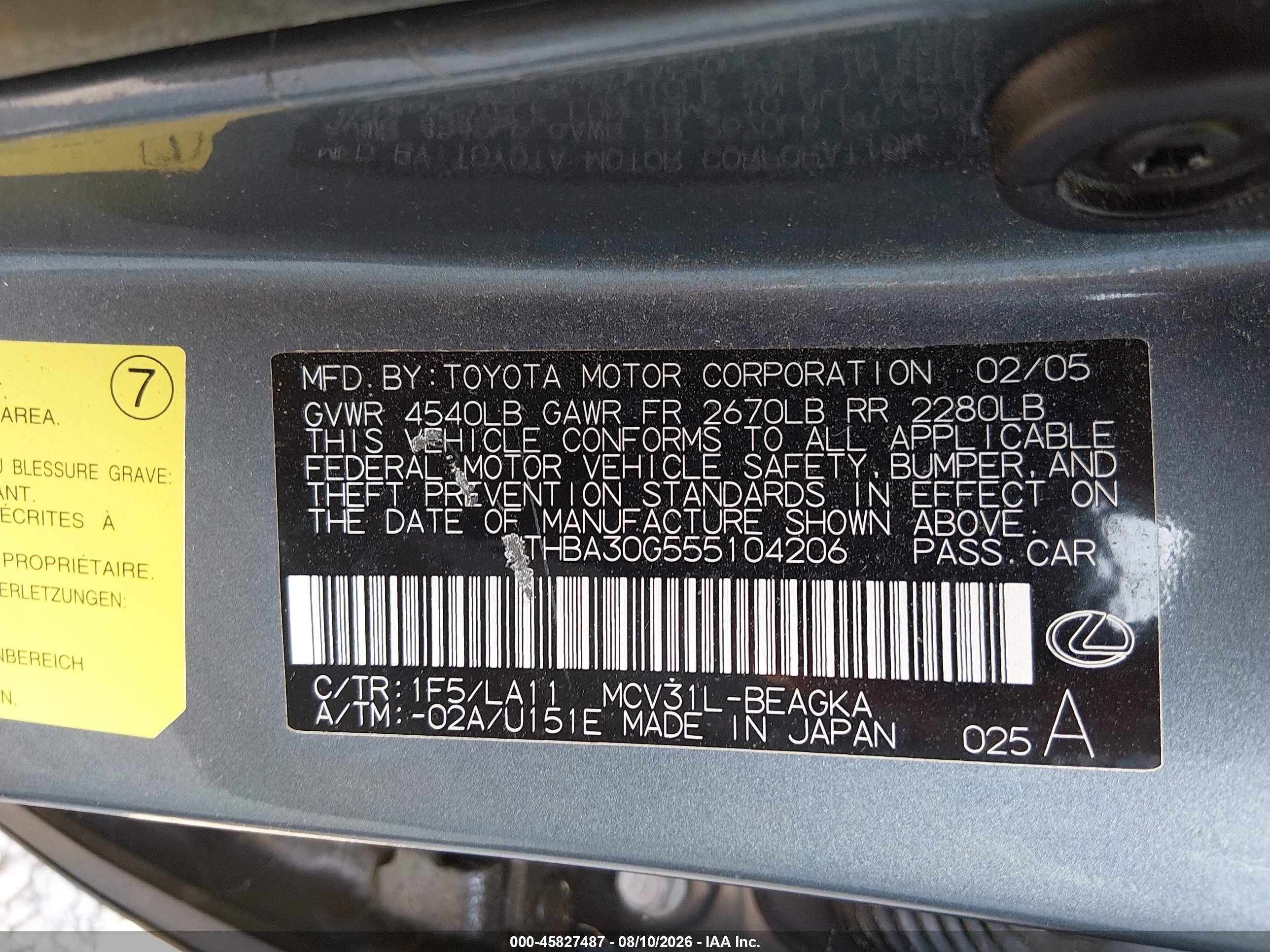 2005 Lexus Es 330 Gray vin: JTHBA30G555104206