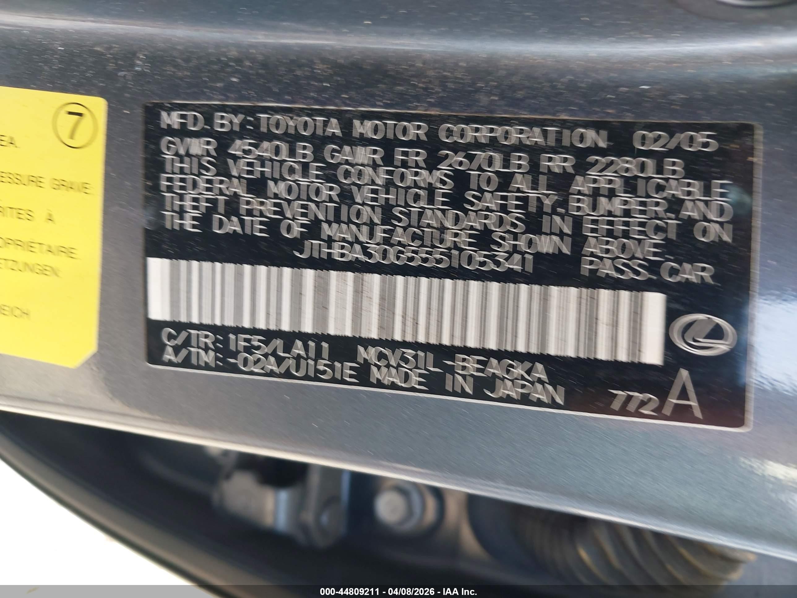 2005 Lexus Es 330   Green vin: JTHBA30G555105341