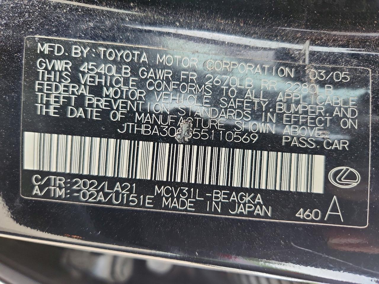 2005 Lexus Es 330 Black vin: JTHBA30G555110569