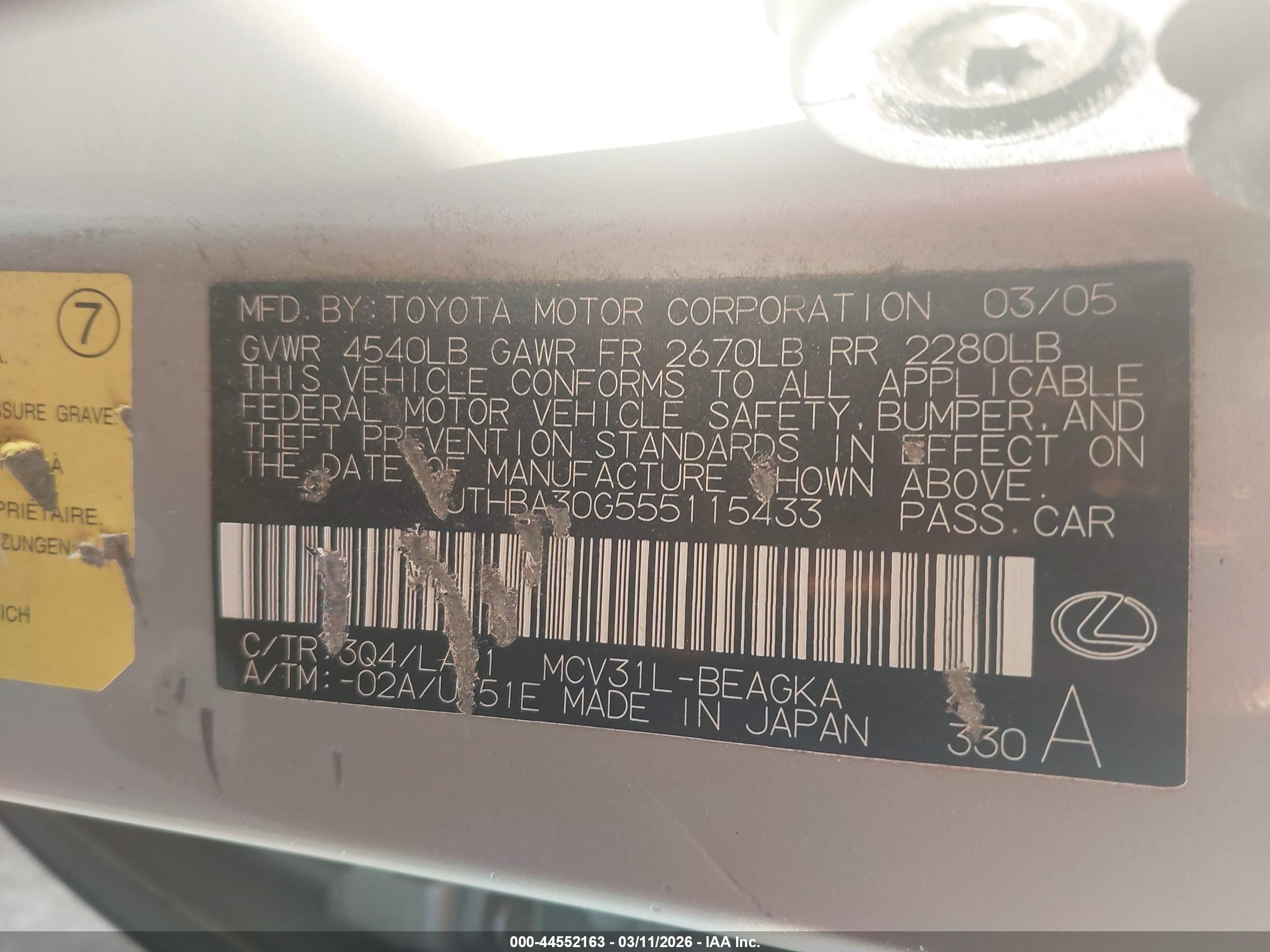 2005 Lexus Es 330 Tan vin: JTHBA30G555115433