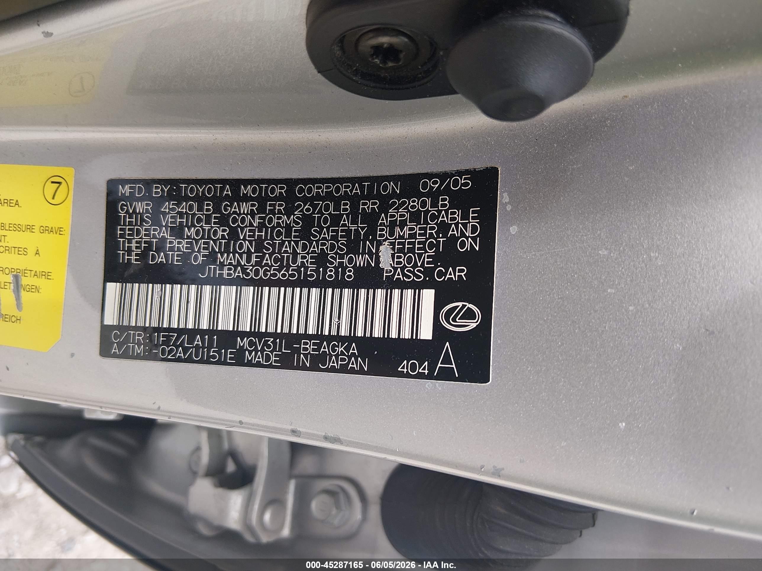 2006 Lexus Es 330   Silver vin: JTHBA30G565151818