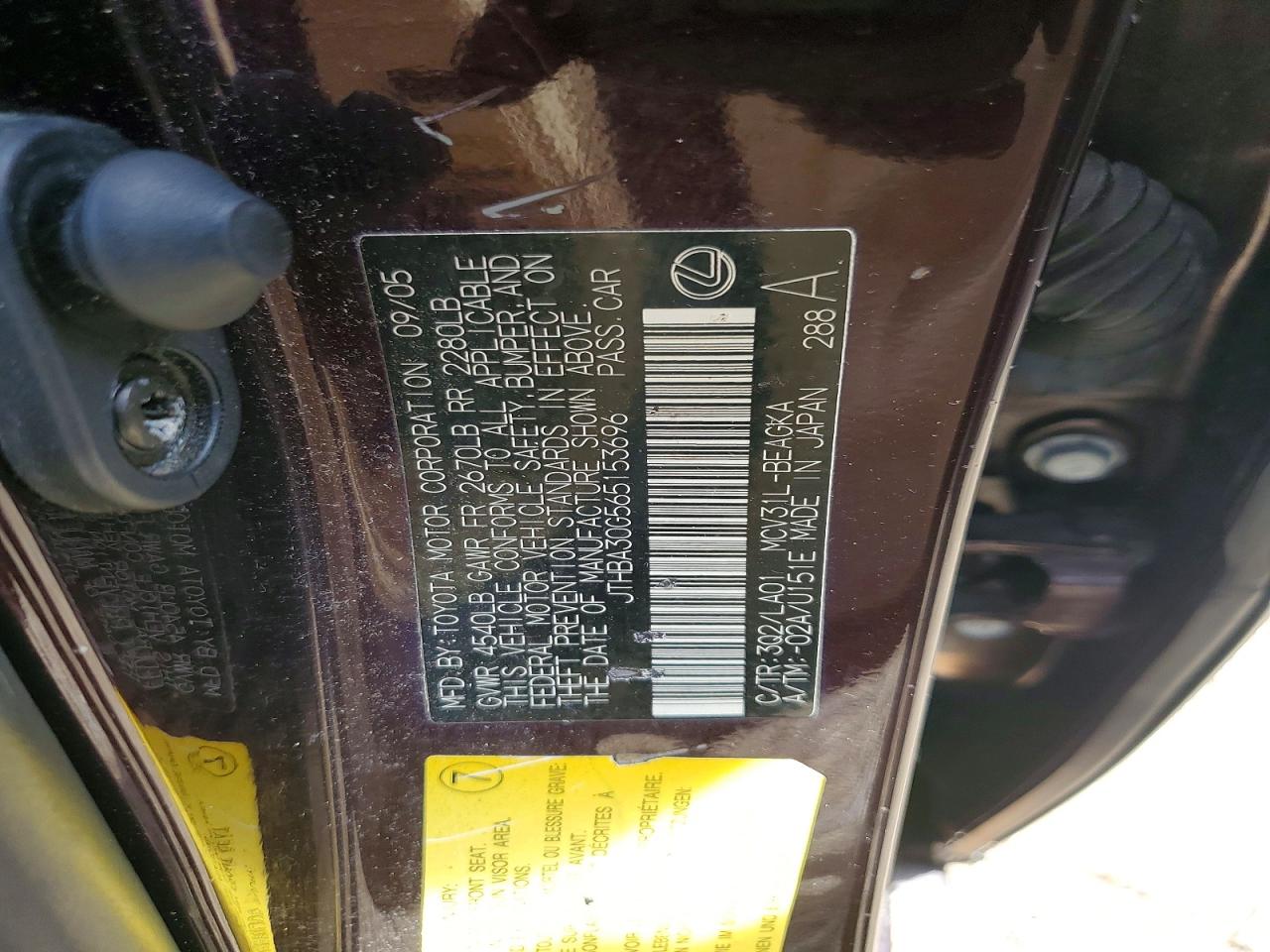 2006 Lexus Es 330 Burgundy vin: JTHBA30G565153696