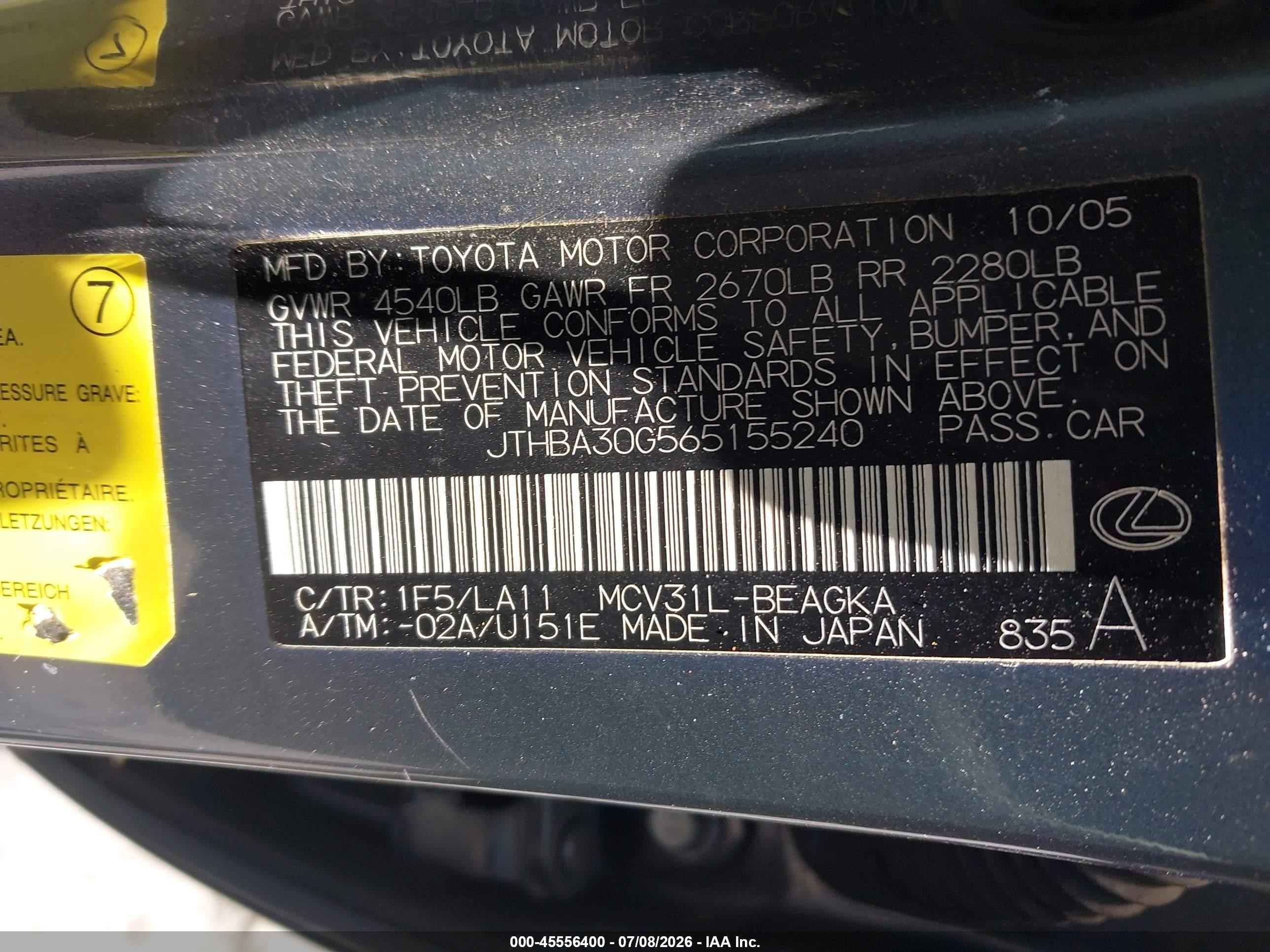 2006 Lexus Es 330   Gray vin: JTHBA30G565155240