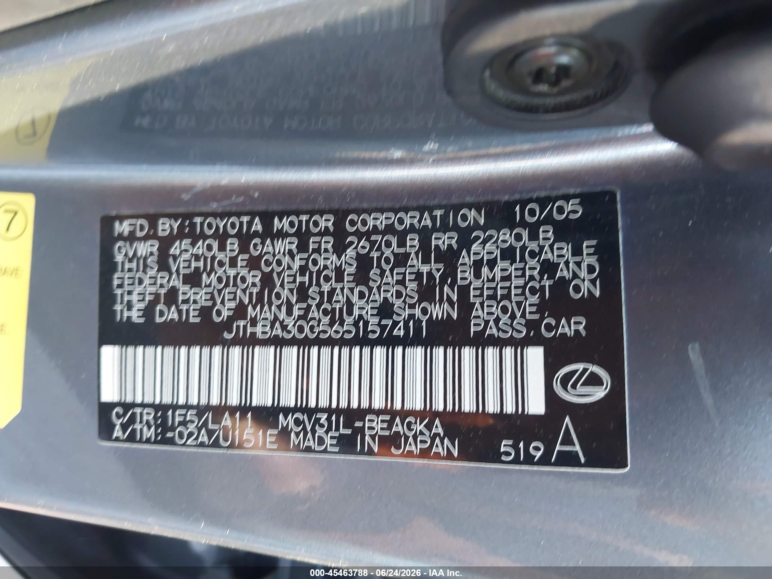 2006 Lexus Es 330   Blue vin: JTHBA30G565157411