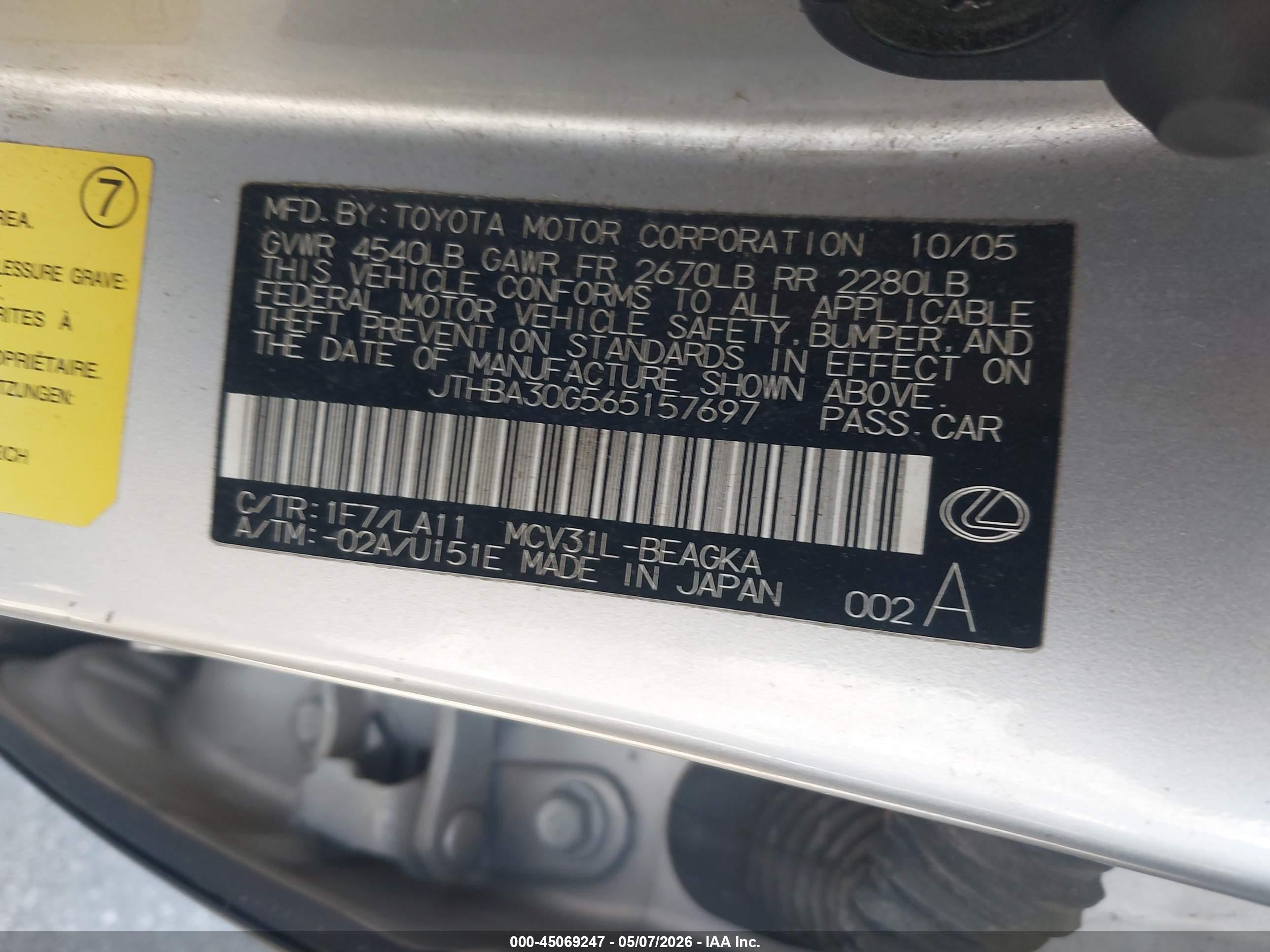 2006 Lexus Es 330   Silver vin: JTHBA30G565157697