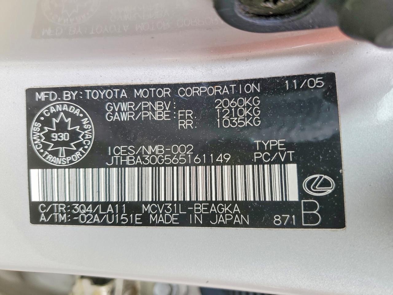2006 Lexus Es 330 Бежевый vin: JTHBA30G565161149