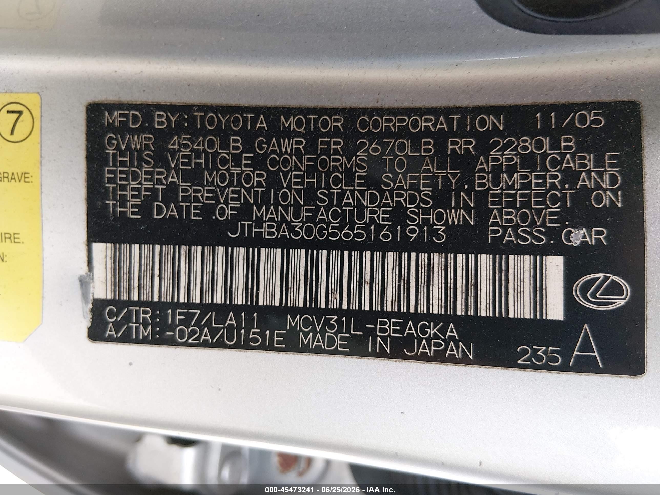 2006 Lexus Es 330   Silver vin: JTHBA30G565161913
