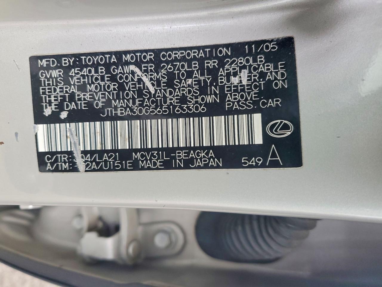 2006 Lexus Es 330 Base Silver vin: JTHBA30G565163306