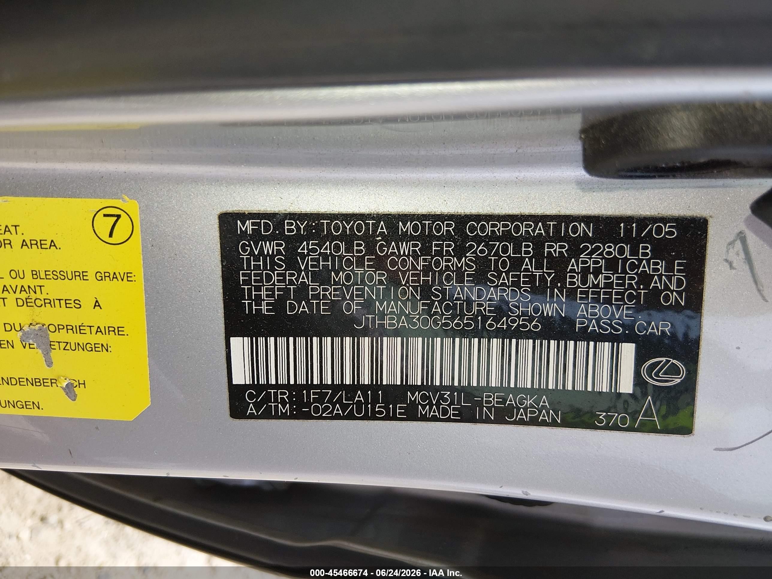 2006 Lexus Es 330   Silver vin: JTHBA30G565164956