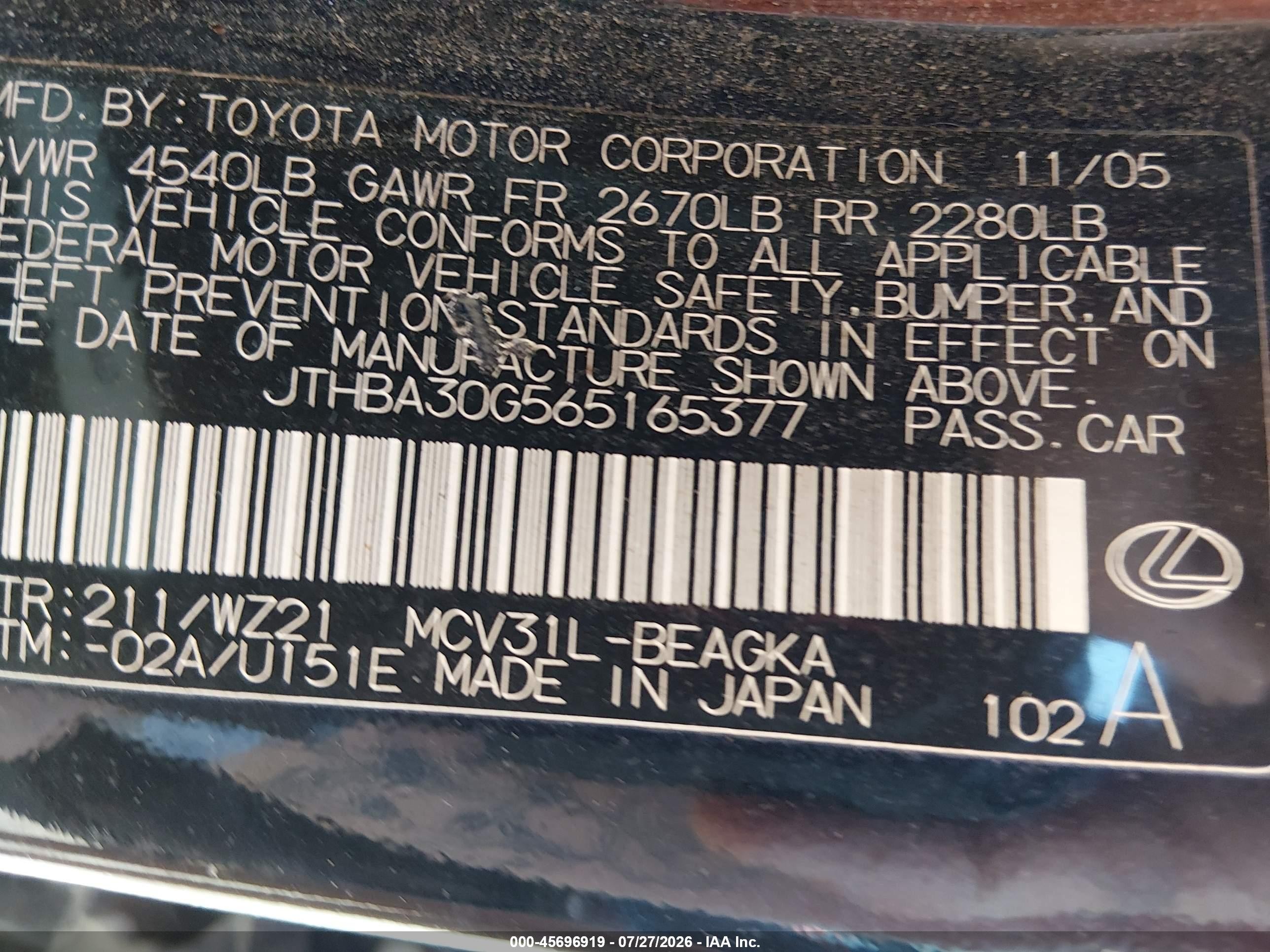 2006 Lexus Es 330   Black vin: JTHBA30G565165377