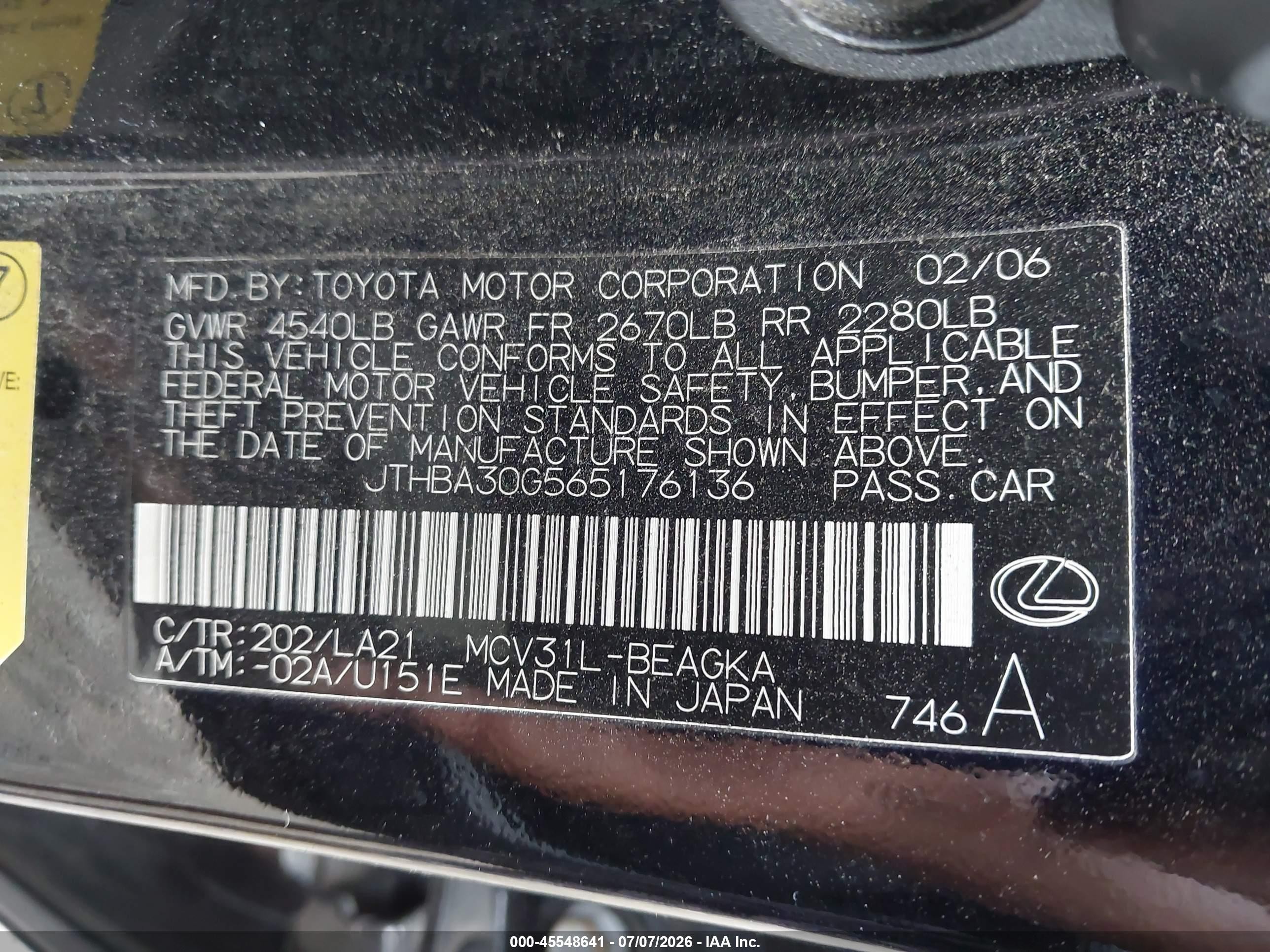 2006 Lexus Es 330   Black vin: JTHBA30G565176136