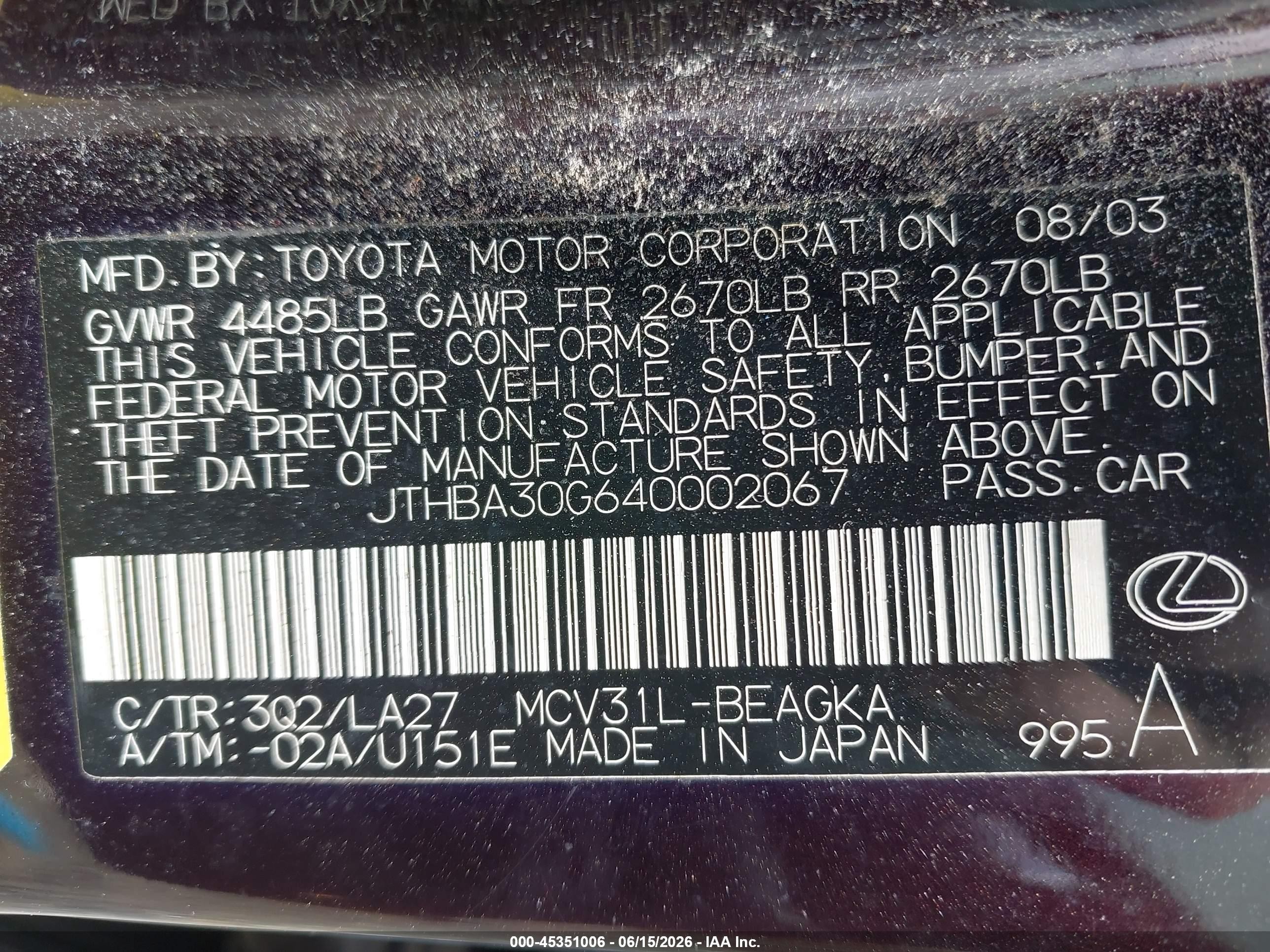 2004 Lexus Es 330   Brown vin: JTHBA30G640002067