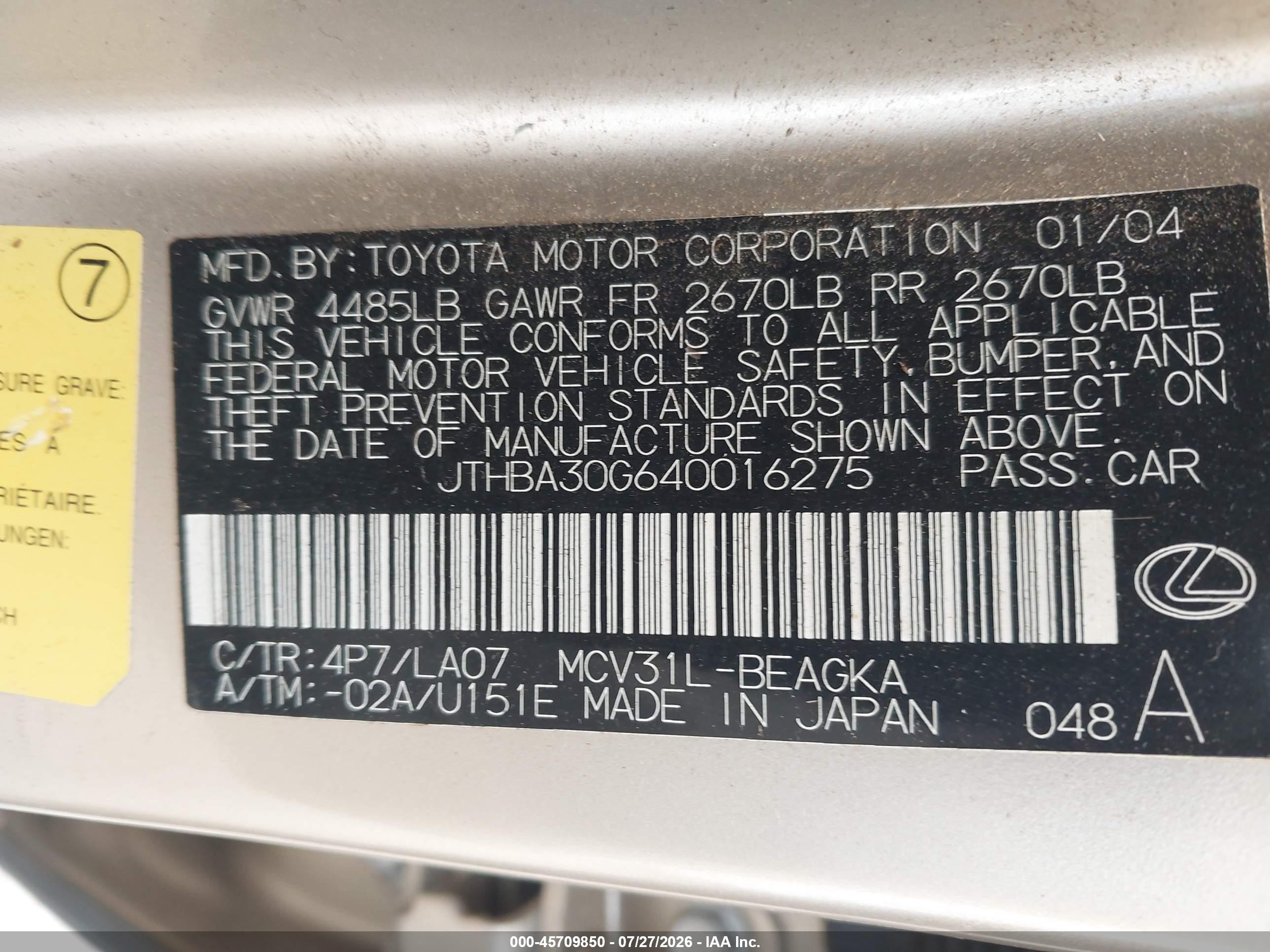 2004 Lexus Es 330 Gold vin: JTHBA30G640016275