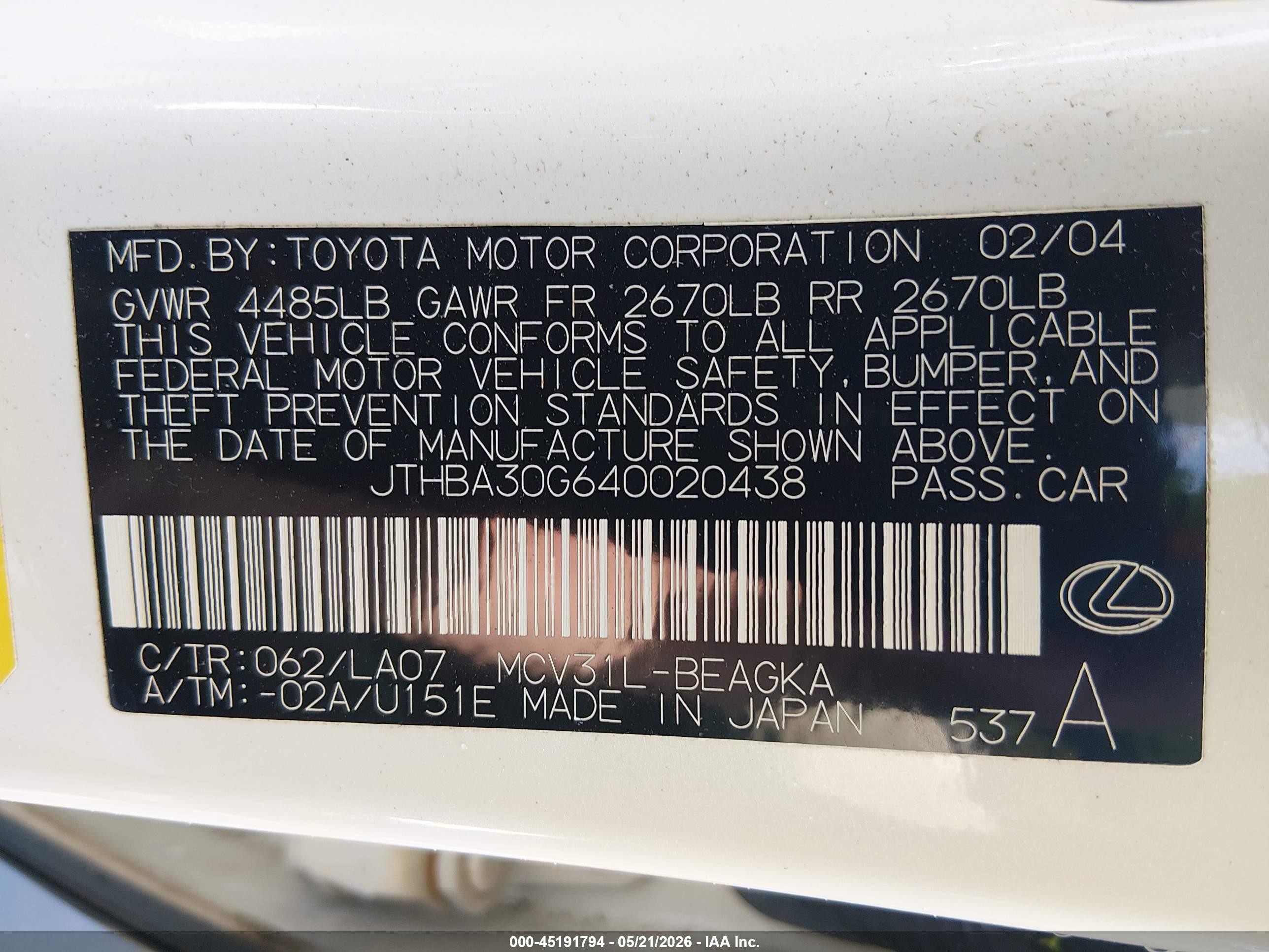 2004 Lexus Es 330 White vin: JTHBA30G640020438