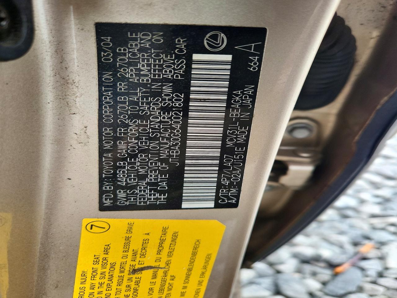 2004 Lexus Es 330 Tan vin: JTHBA30G640021802