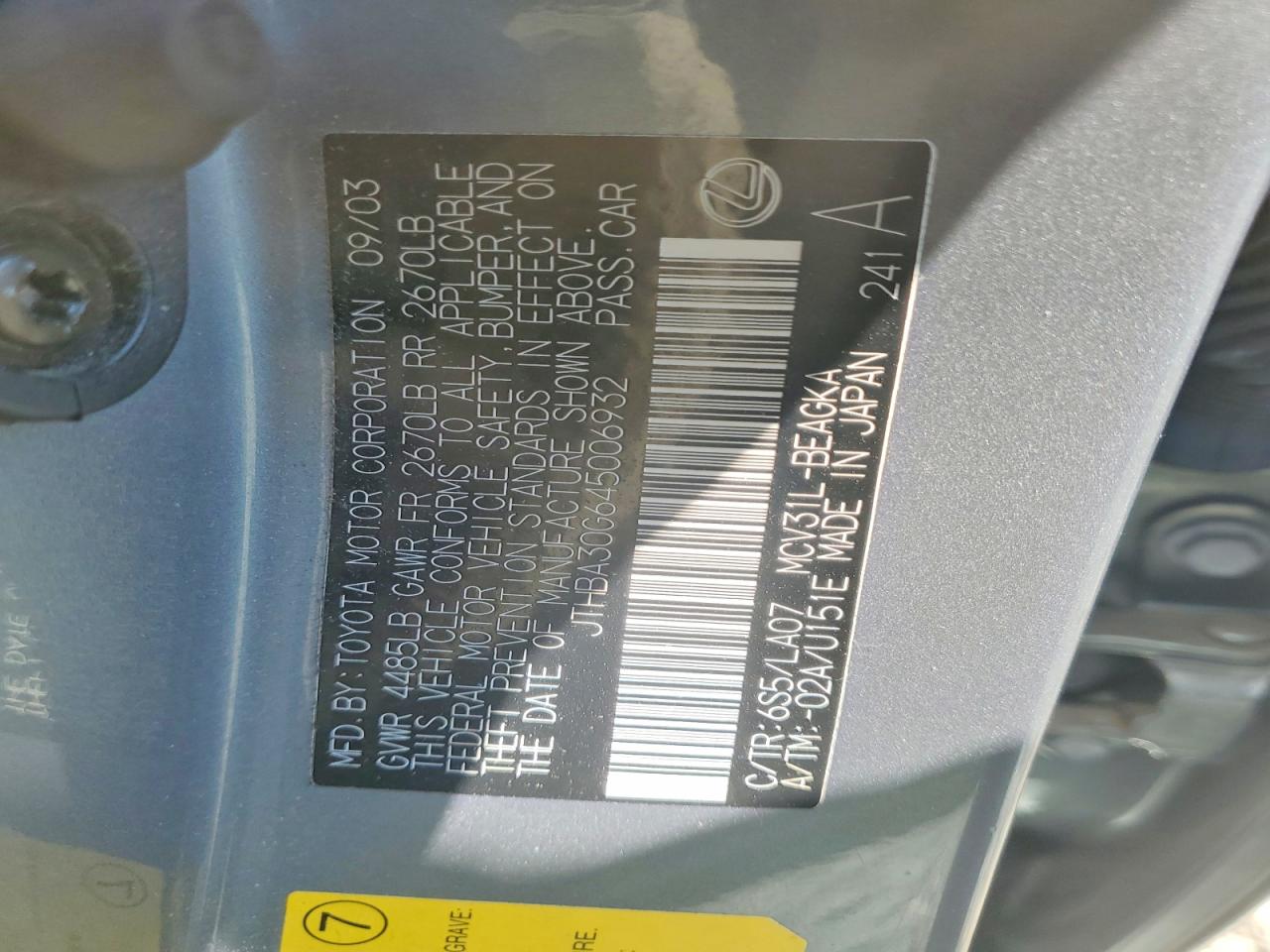 2004 Lexus Es 330 Silver vin: JTHBA30G645006932