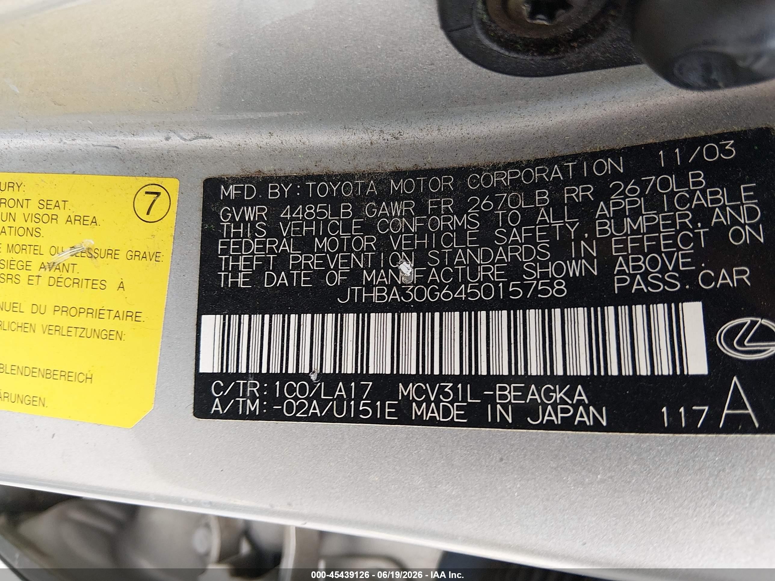 2004 Lexus Es 330 Silver vin: JTHBA30G645015758