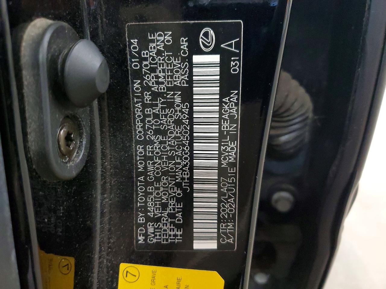 2004 Lexus Es 330 Black vin: JTHBA30G645024945