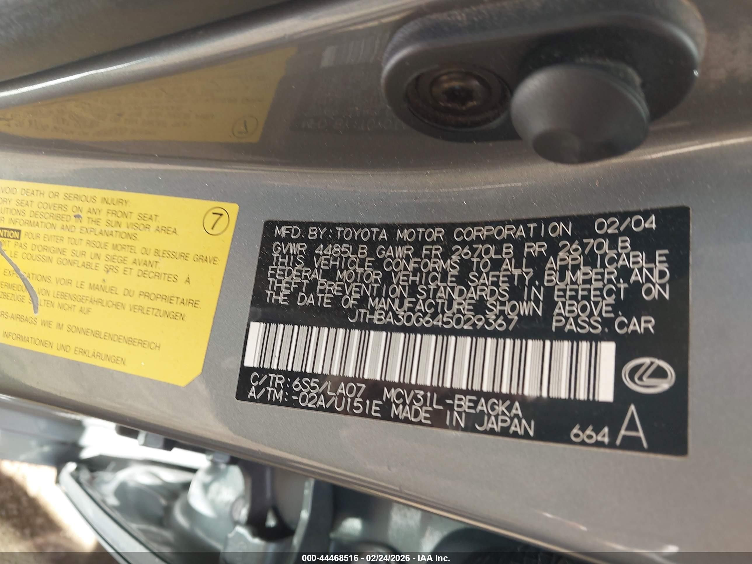 2004 Lexus Es 330   Green vin: JTHBA30G645029367