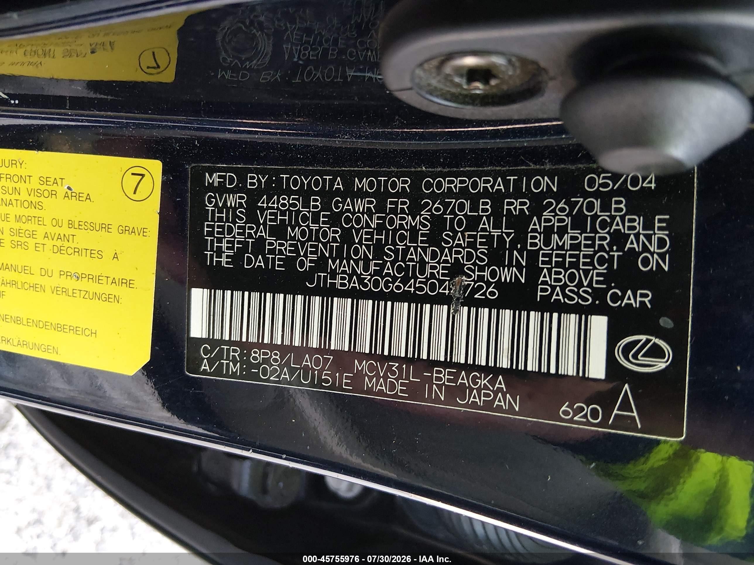 2004 Lexus Es 330 Blue vin: JTHBA30G645044726