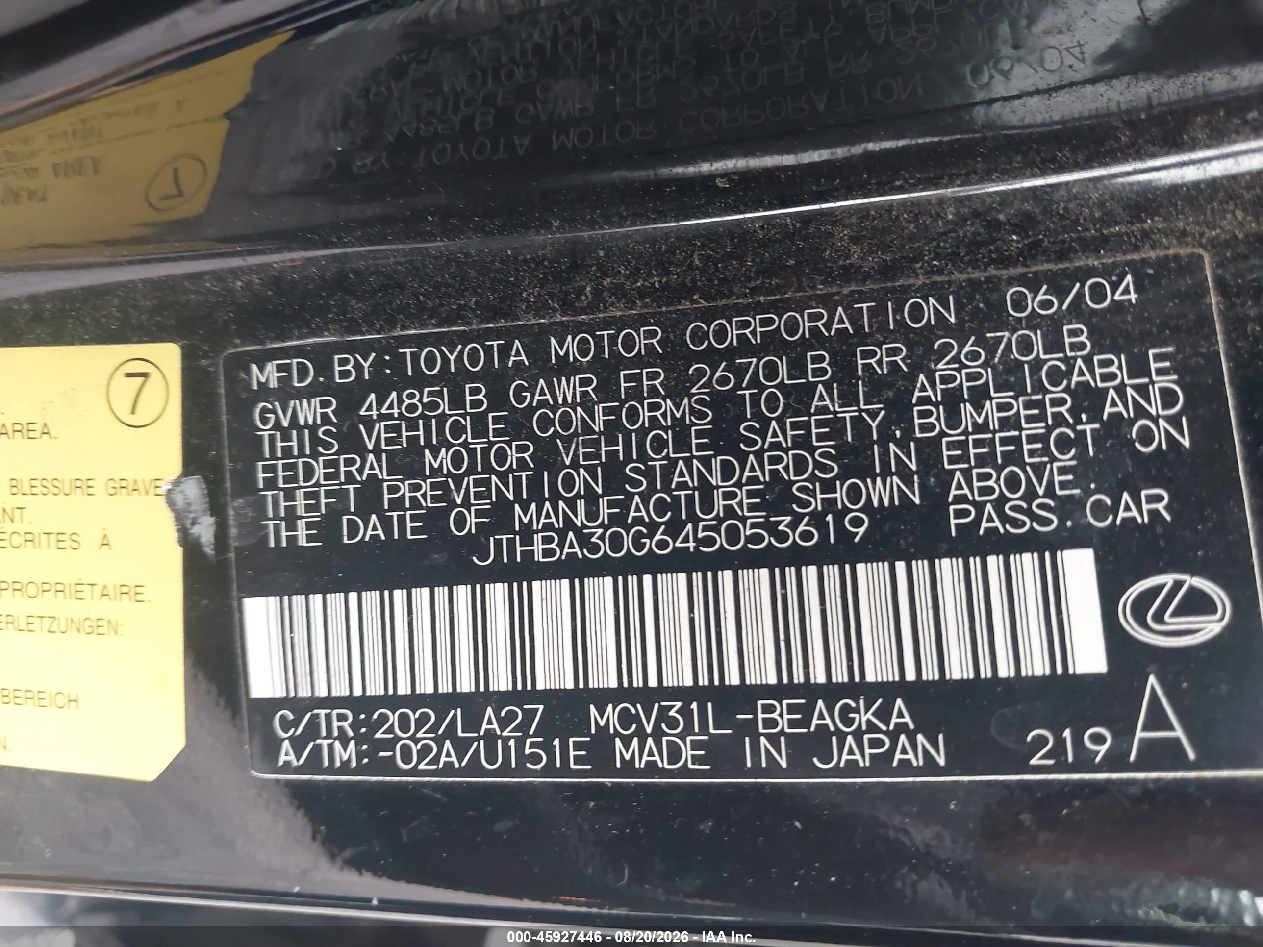 2004 Lexus Es 330   Black vin: JTHBA30G645053619