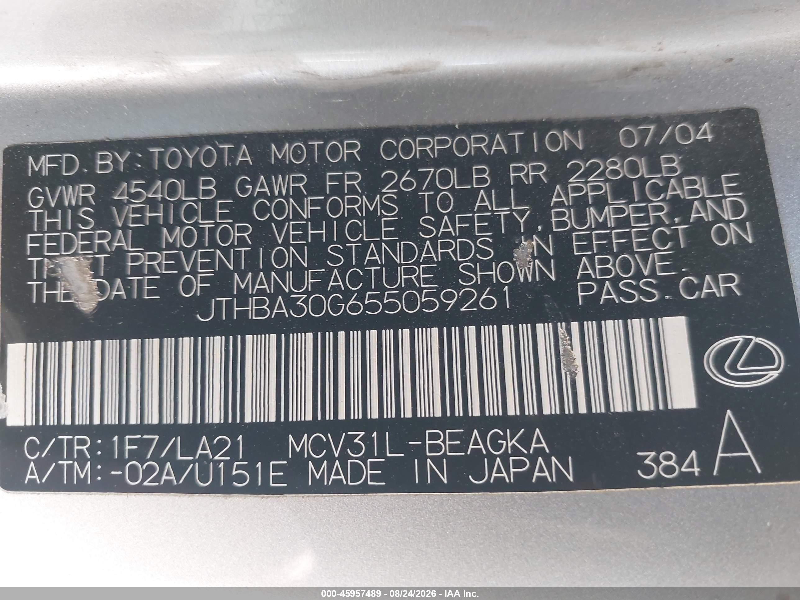 2005 Lexus Es 330   Silver vin: JTHBA30G655059261