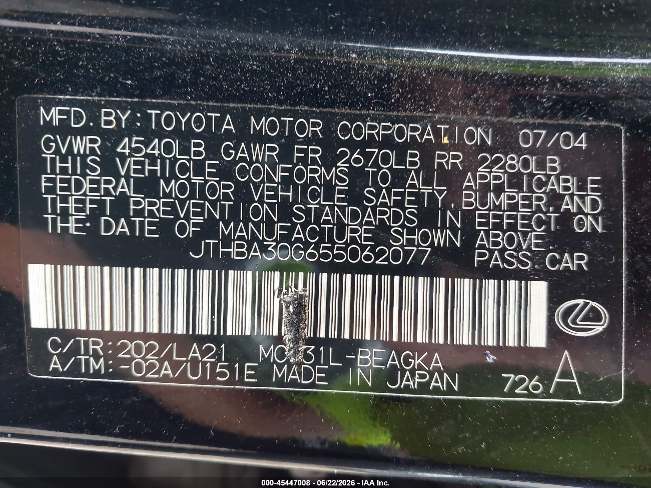 2005 Lexus Es 330   Black vin: JTHBA30G655062077