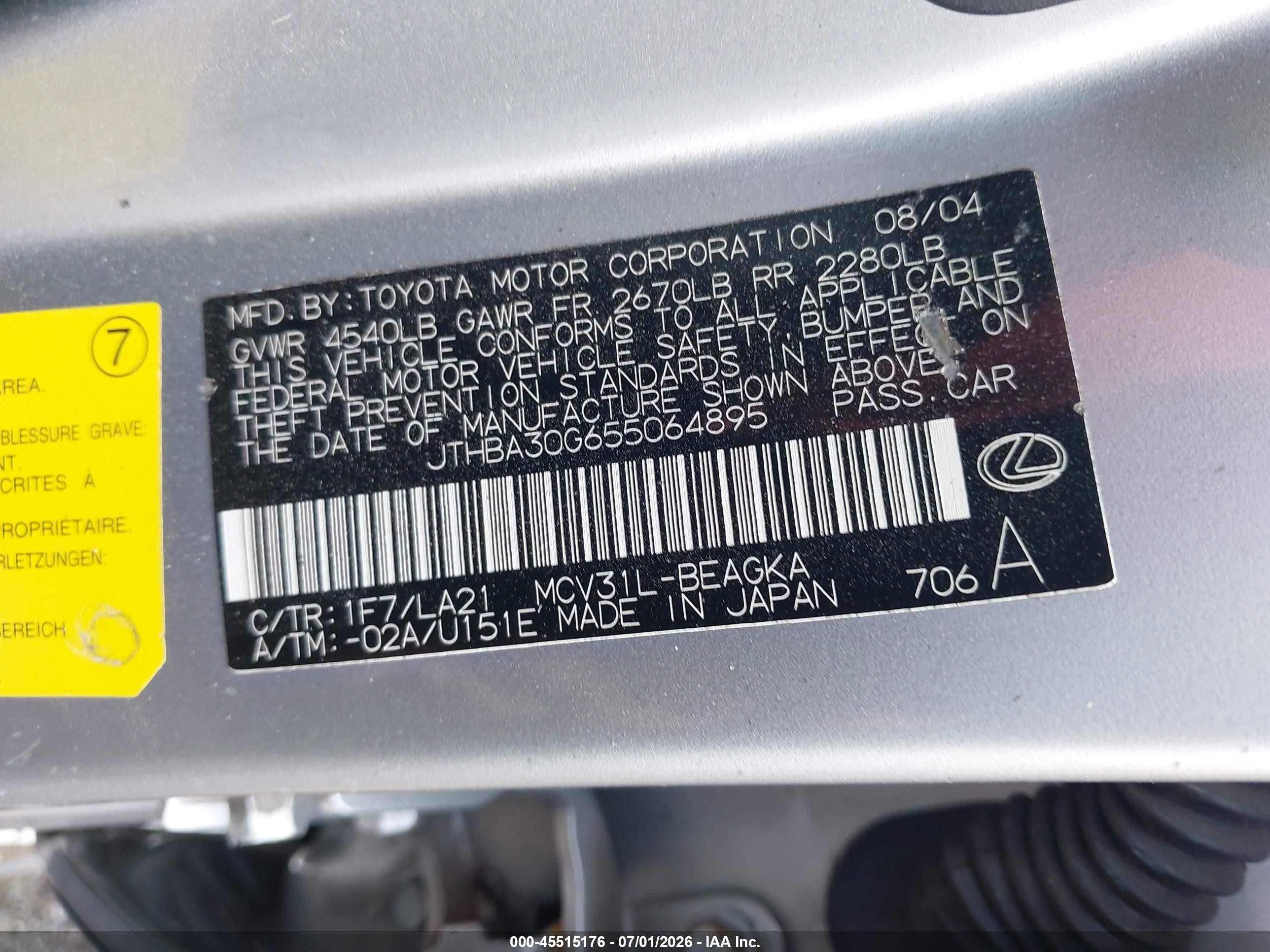 2005 Lexus Es 330   Silver vin: JTHBA30G655064895