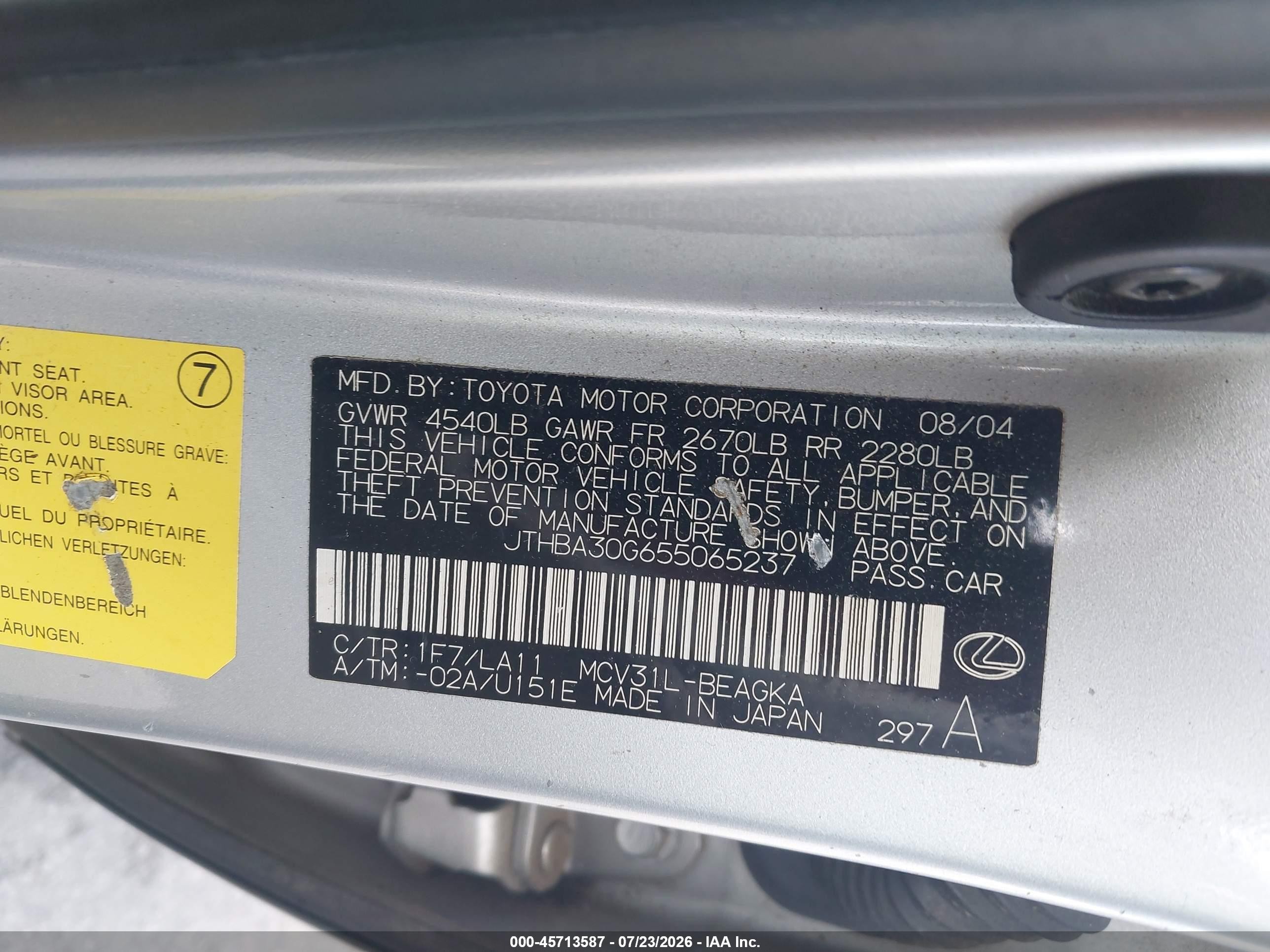 2005 Lexus Es 330   Silver vin: JTHBA30G655065237