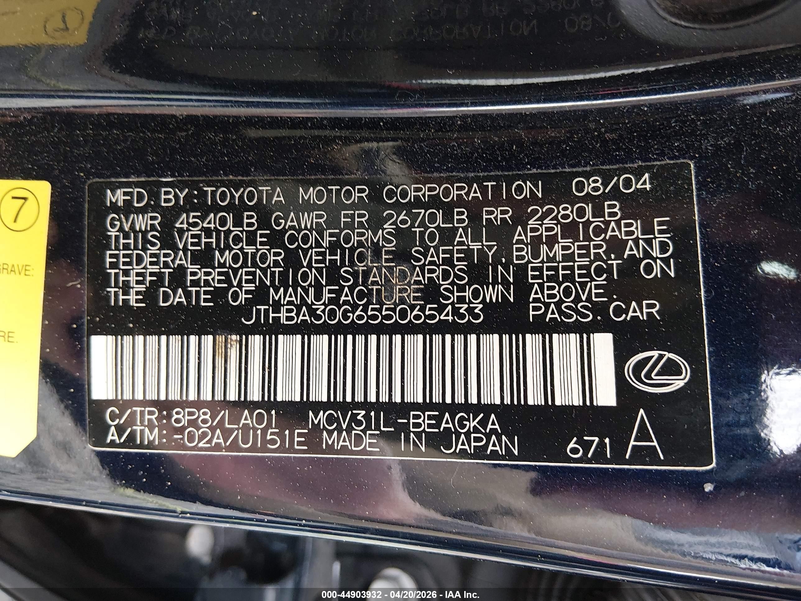 2005 Lexus Es 330 Blue vin: JTHBA30G655065433