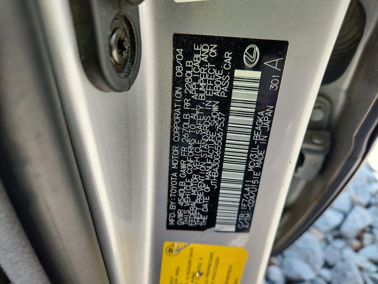 2005 Lexus Es 330 Silver vin: JTHBA30G655067537