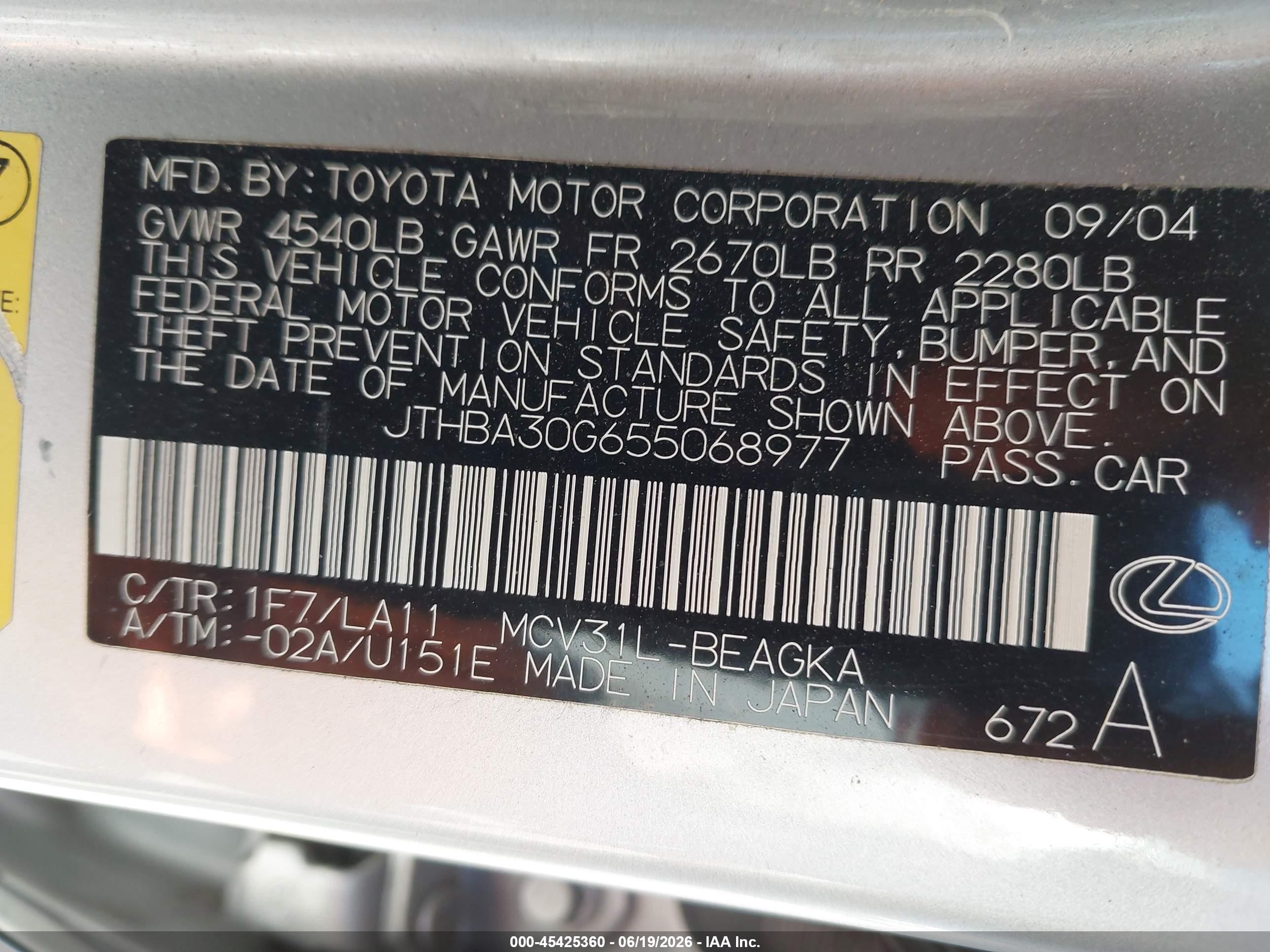 2005 Lexus Es 330 Gray vin: JTHBA30G655068977