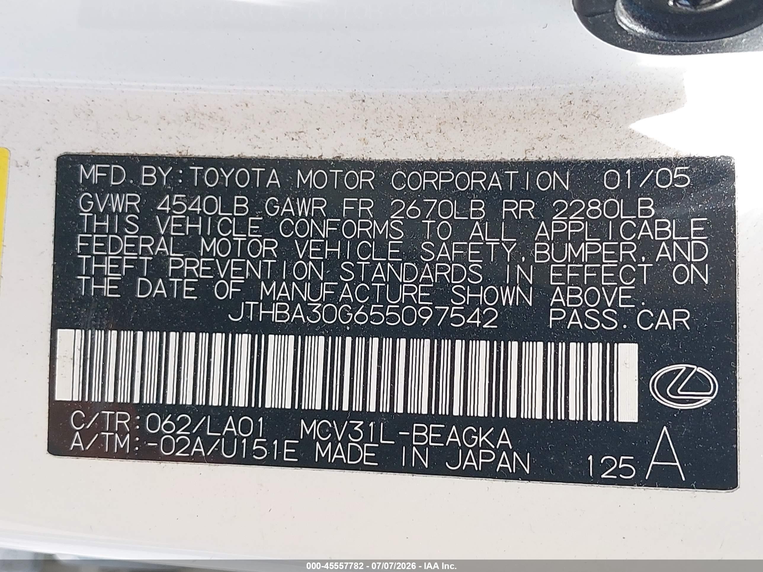 2005 Lexus Es 330 Белый vin: JTHBA30G655097542